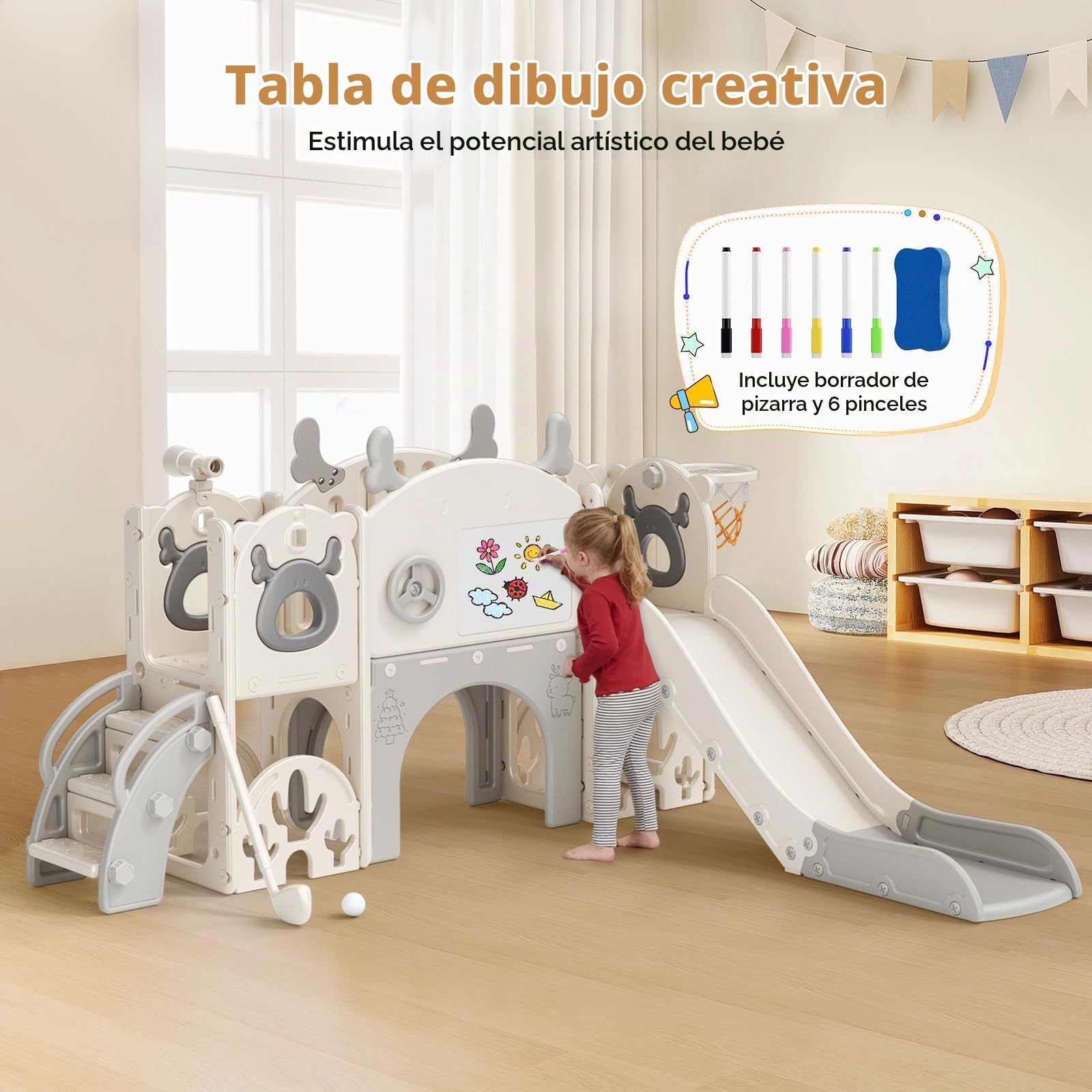 Tobogán Elk 11 en 1 con Canasta de Baloncesto, Golf, telescopio, Estructura para Escalar, tobogán Interior para niños, Juguetes Montessori para Parques Infantiles(Beige grisáceo)