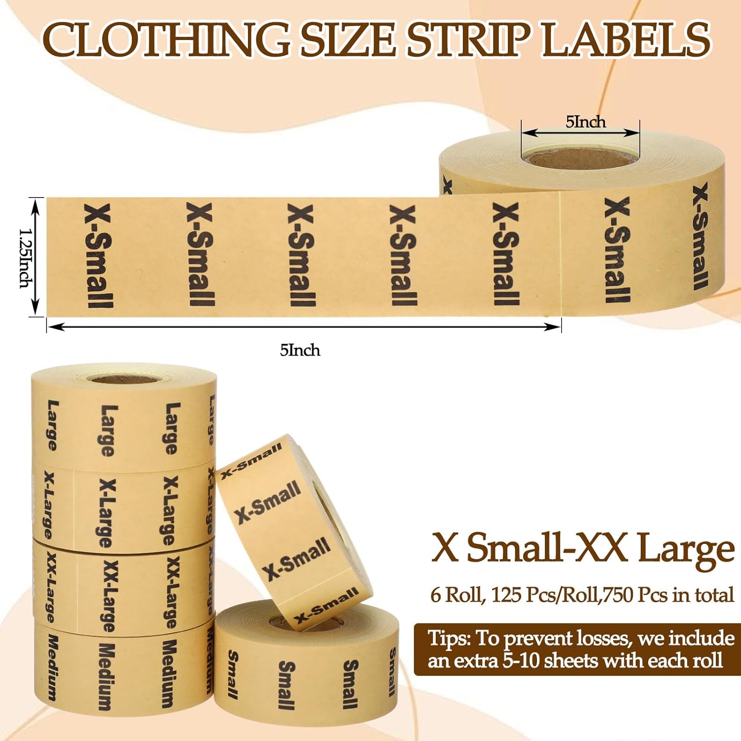 750 PCS X Small-XX Large Clothing Size Strip Labels - 1.25'' x 5'' Natural Kraft Size Strip Adhesive Stickers for T-Shirt Trouser Skirt Retail Apparel & Clothing Organization