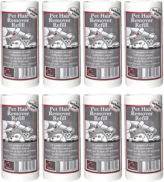 Caraselle Pet Hair Remover Refills - Removes Cat & Dog Pet Hair on Clothes, Furniture, Bedding, Car Interiors & Carpet, Picks up Lint, Hair, Fluff, Debris, 8 x 7.5m Extra Sticky Refills