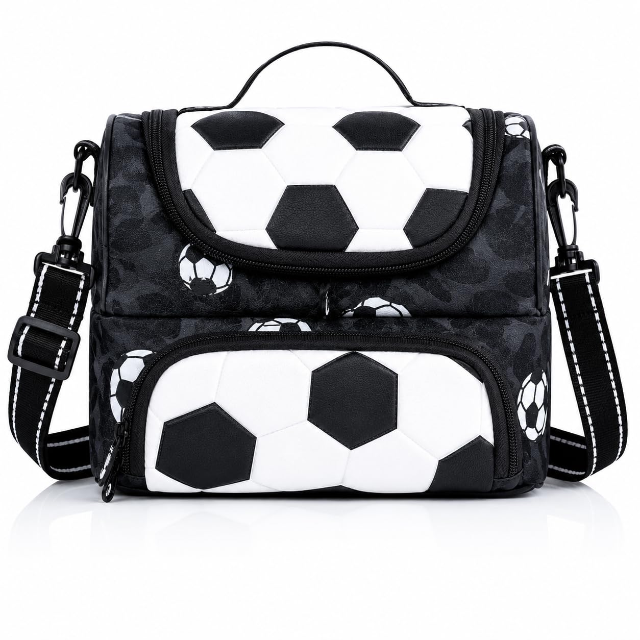 Football Print Double Decker Insulated Lunch Bag for Kids | Thermal School Tiffin Bag with Adjustable Shoulder Strap | Leak Resistant Lunch Box Carry Bag for School, Picnic, Travel & Daycare.-image-2