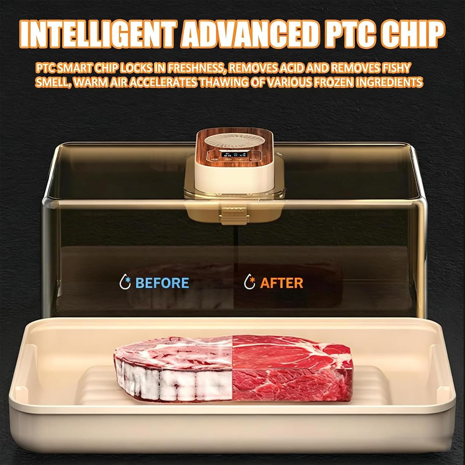 Bandeja eléctrica de descongelación de carne, caja de descongelación inteligente con tapa visual, circulación de aire de 360°, temporizador ajustable y control de temperatura para carne congelada