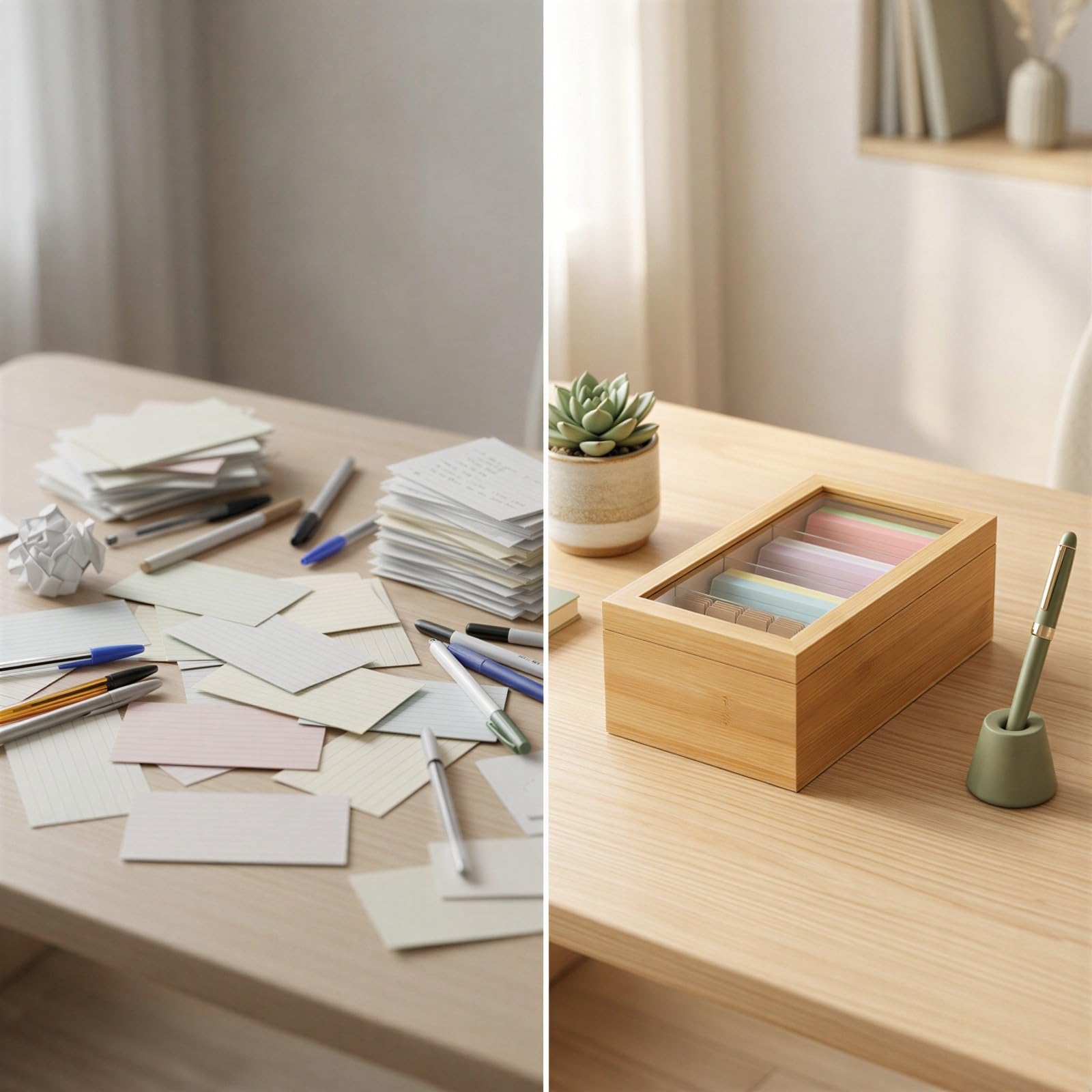 Boîte à fiches 3 x 5, boîte à recettes en pin 10 x 5,9 x 4 po avec séparateurs, organiseur de fiches avec couvercle basculant transparent, pour bureau, cartes nominatives, cartes mémo