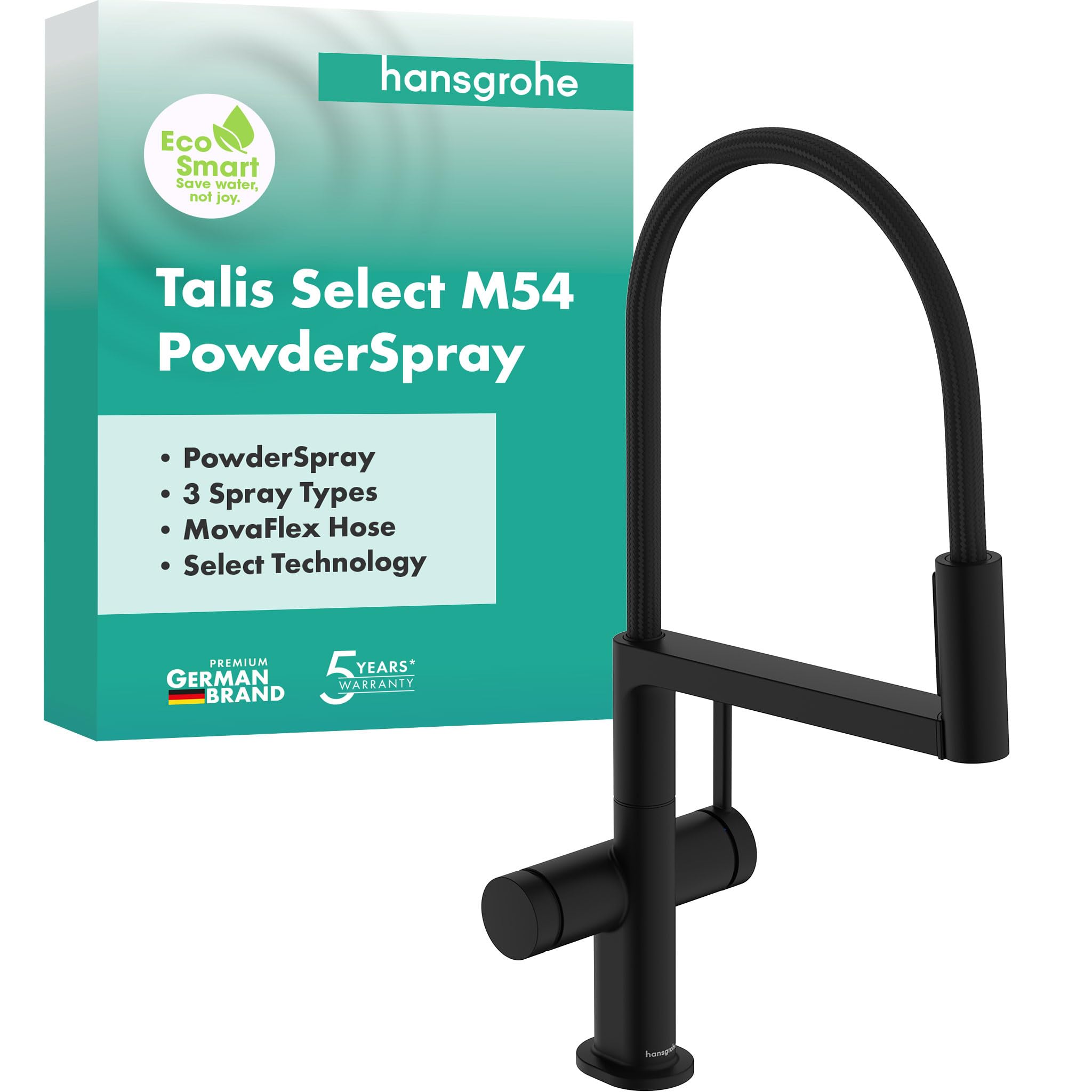 hansgrohe Talis Select M54 PowderSpray - grifo de cocina con ducha extraíble, SemiPro, 3 tipos de chorro, altura del caño 210 mm, grifo cocina fregadero con caño giratorio, negro mate, 72861670