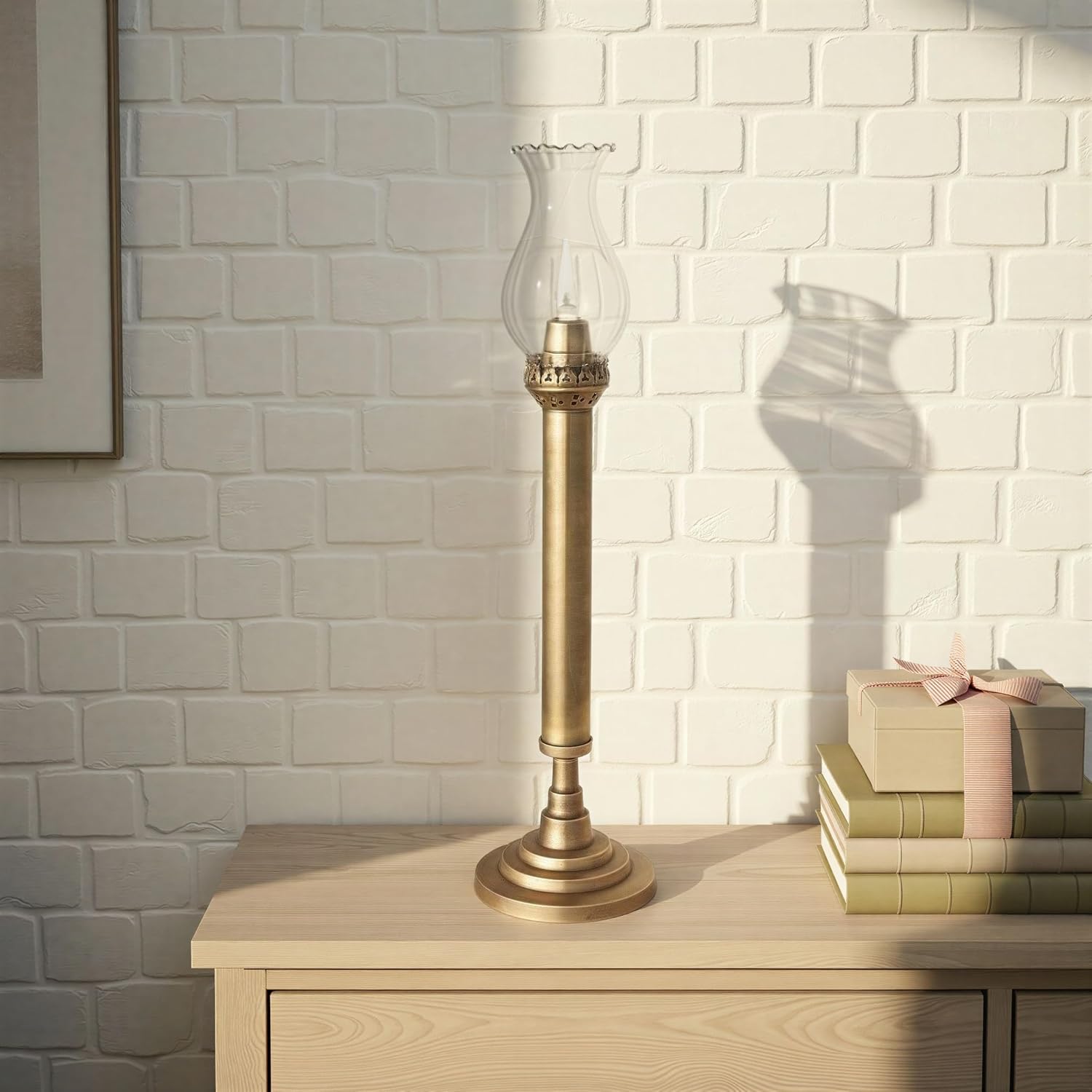 Creative Co-Op Brass Taper Candle Holder with Glass Hurricane, Antique Gold Finish