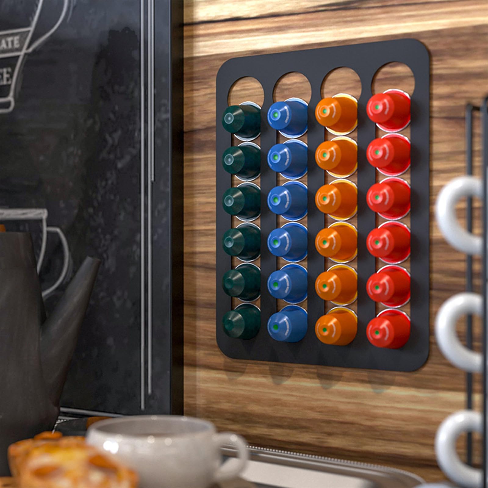 Soporte para cápsulas de café con 4 ranuras (40 x 22 cm), organizador de pared para cocina/cafetería, soporte para cápsulas y estante de exhibición que ahorra espacio, estante de café sin taladro