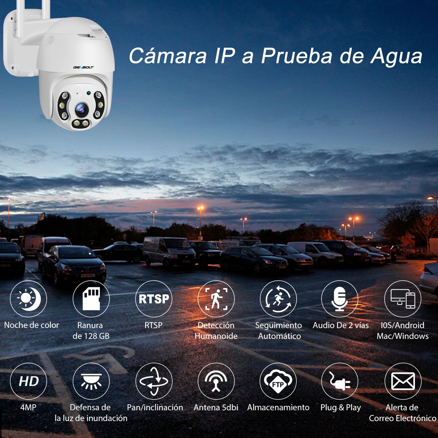 GENBOLT 2.5K Cámara Vigilancia WiFi Exterior con PTZ PoE Cámara | Seguimiento Automático, Detección Humana, Visión Nocturna a Color, Sirena Activa Alarma, CCTV