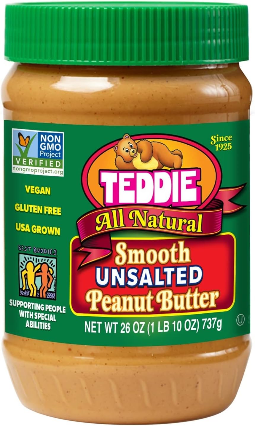 Teddie All Natural Smooth Unsalted Peanut Butter, Gluten Free & Vegan, Plastic Jar (26 Ounce (Pack of 1))