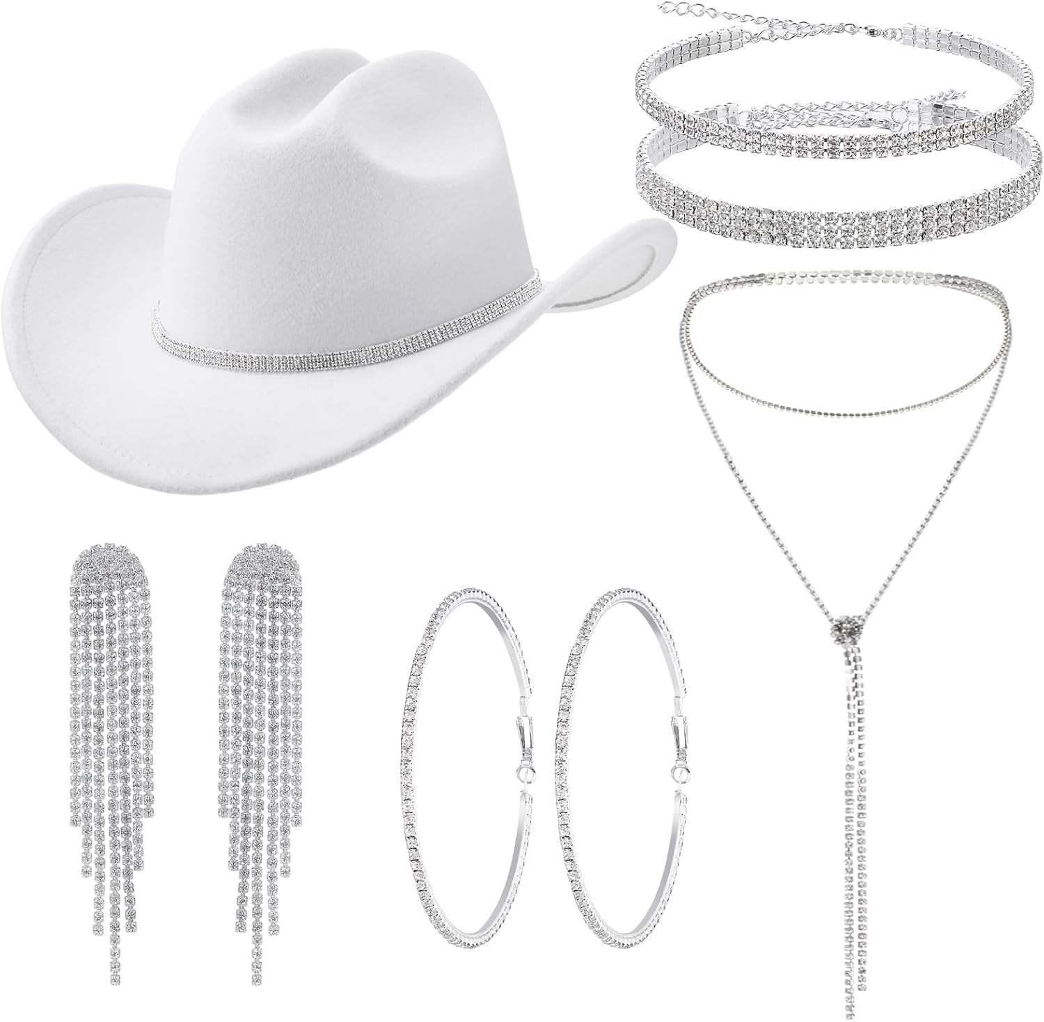 Misdary Rhinestone Cowboy Hat for Women Cowgirl Outfit with Silver Bling Rhinestone Jewelry Western Cosplay Accessories(White)
