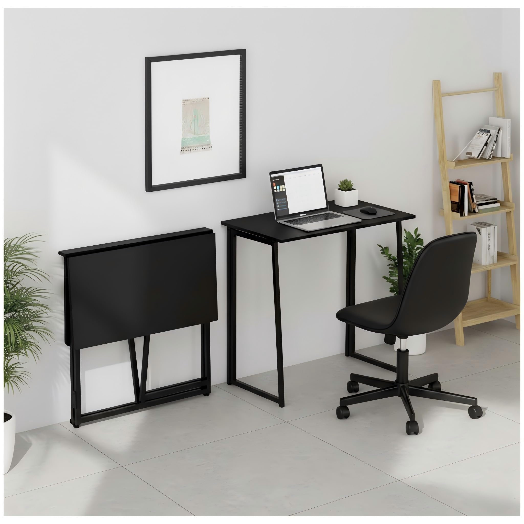 Scrivania pieghevole 80 x 40 cm, tavolo per computer salvaspazio, truciolato da 15 mm e struttura tubolare in acciaio nero, tavolo pieghevole per ufficio, cucina e studenti (Ebano Nero)