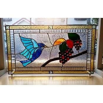 ご予約可　夕日に映える　ステンドグラス　ぶどうと鳥のパネル ご予約可 夕日に映える ステンドグラス ぶどうと鳥のパネル