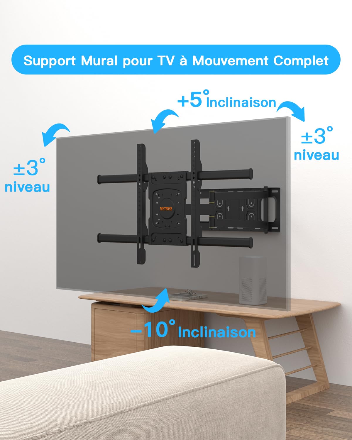 Support Mural TV Longue Portée avec Extension de 650mm | Pivotant Inclinable et Extensible pour Téléviseurs Plats et Incurvés de 32 à 70 Pouces jusqu'à 35kg, Max VESA 600x400mm