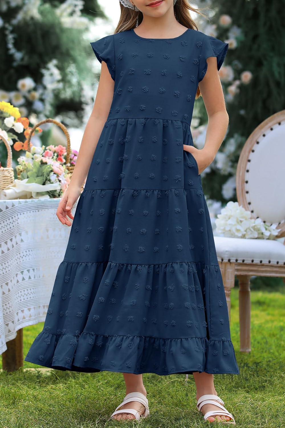HOSIKA Girls Maxi Dress Ruffle Sleeve Swiss Dot A Line Tiered Flowy Casual Party Dresses with Pockets for 6-12 Y - Image 2