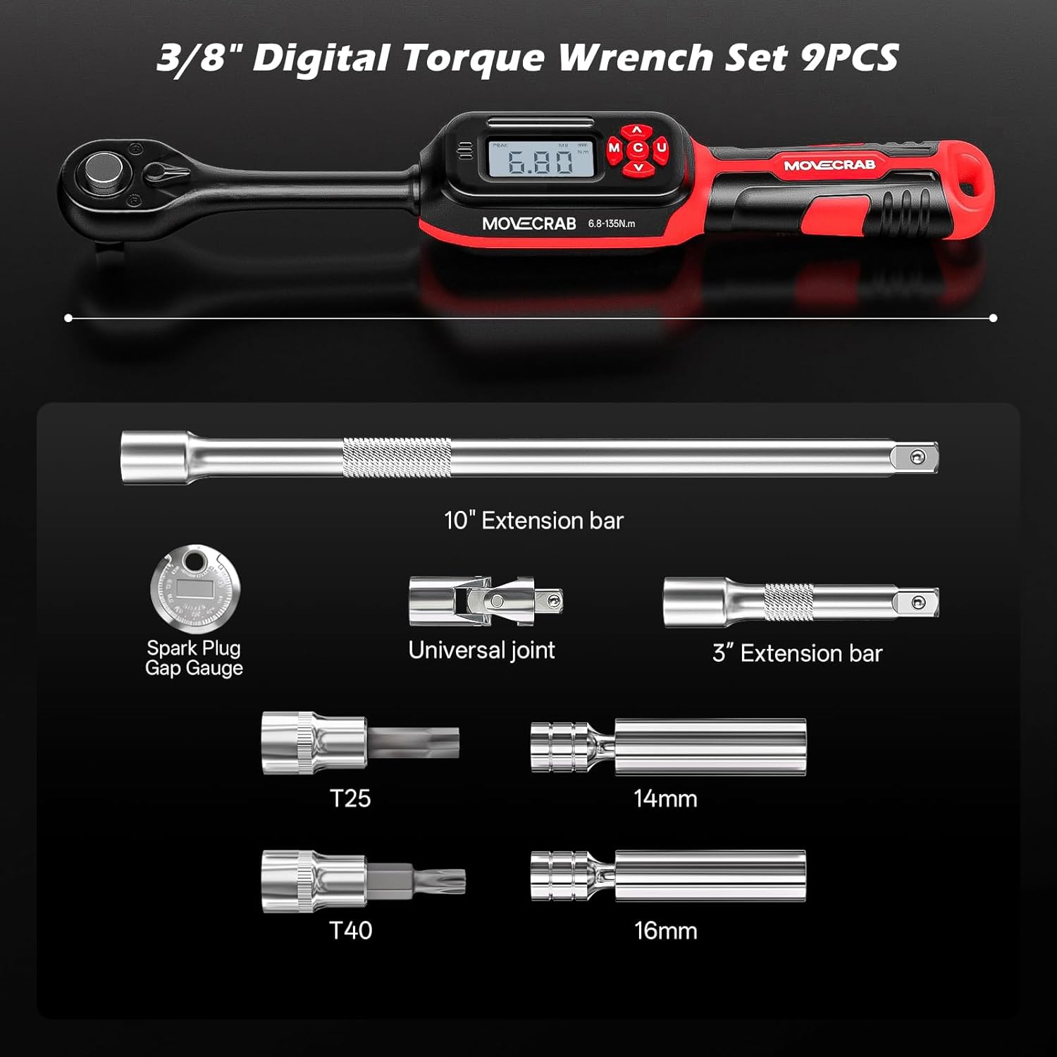 3/8 Torque Wrench Digital (5-99.6 Ft.Lb/6.8-135 N.m) ±2% Accuracy Digital Spark Plug Socket & Tire Inch Pound Torque Wrench with Buzzer and LED Flash Notification Track Mode for Moto Auto