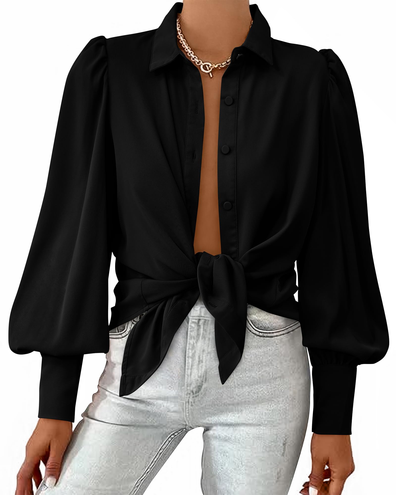 BTFBMWomen Fashion Button Down Shirts Lapel V Neck Printed Solid Boho Long Sleeve Blouses Dressy Casual Summer Fall Top