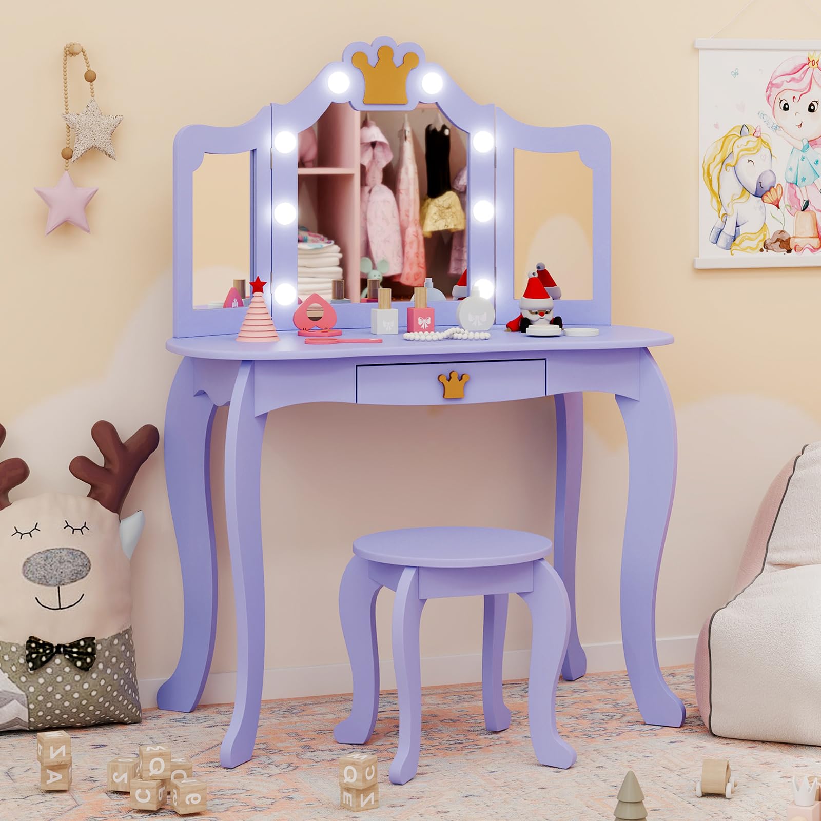KOTEK Kids Vanity with Lights, Crown Girls Vanity Set w/Tri-Folding Mirror, Detachable Top, Stool &amp; Drawer, Wooden Toddler Makeup Dressing Table, Kids Vanity Table and Chair Set (Violet)