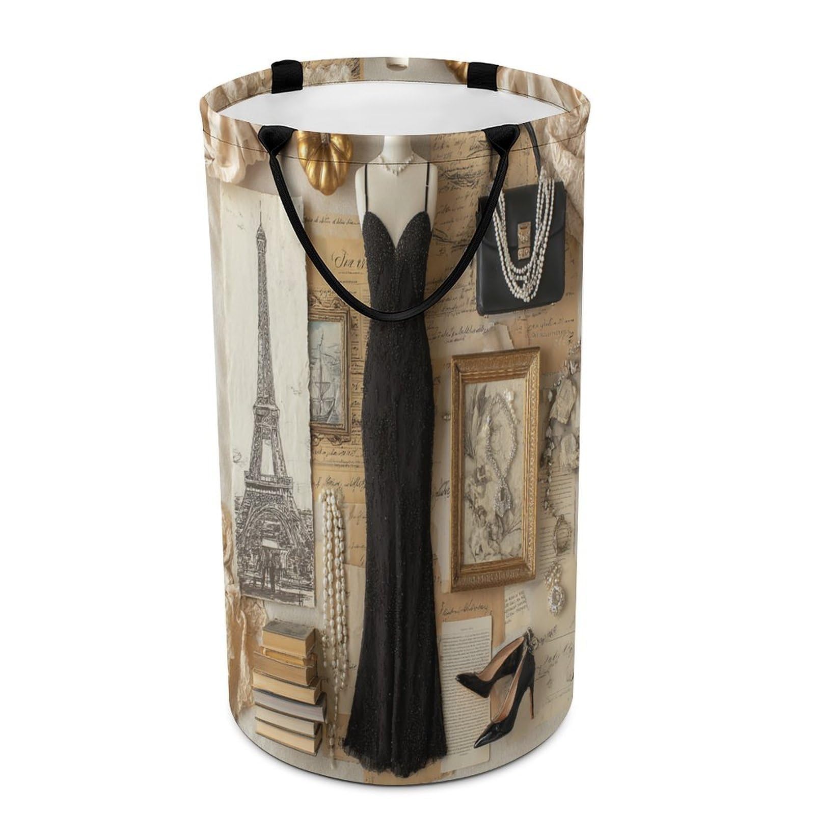 LUYYSKY Retro Realistic Black Dress Versatile Storage Laundry Basket, Modern Fashion Art Makeup Themed Paris Style Eiffel Tower Large Capacity Bathroom Hamper With Handle