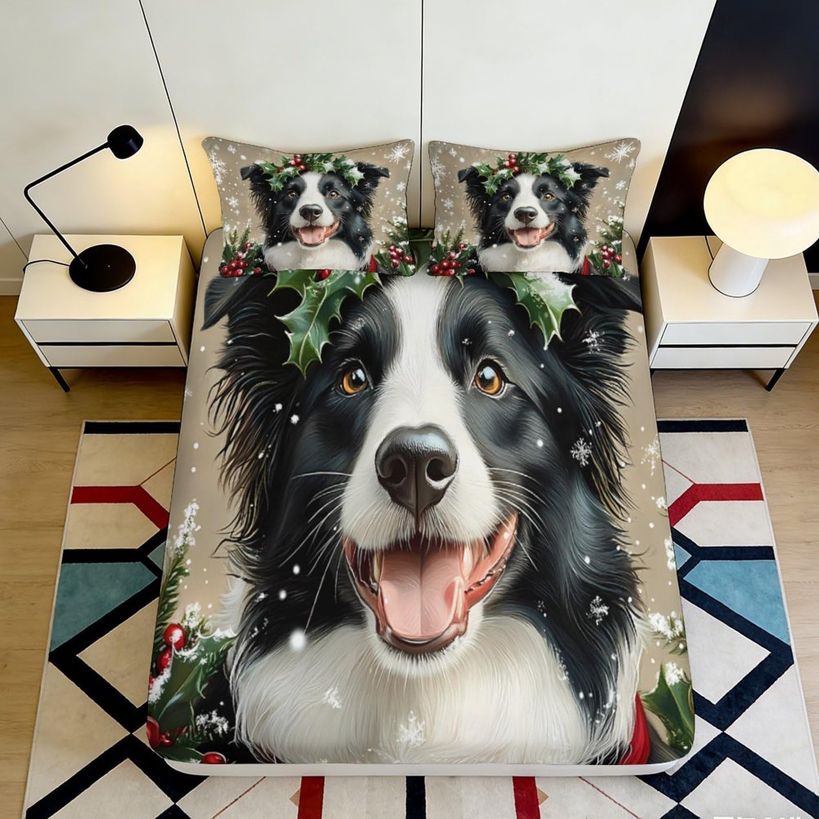 Pnayamiorkfel Style-8 3D Printed Christmas Border Collie Fitted Sheet Microfiber Snowflake Dog Bed Cover For Bedroom Guest Room Decor 90X200x25cm