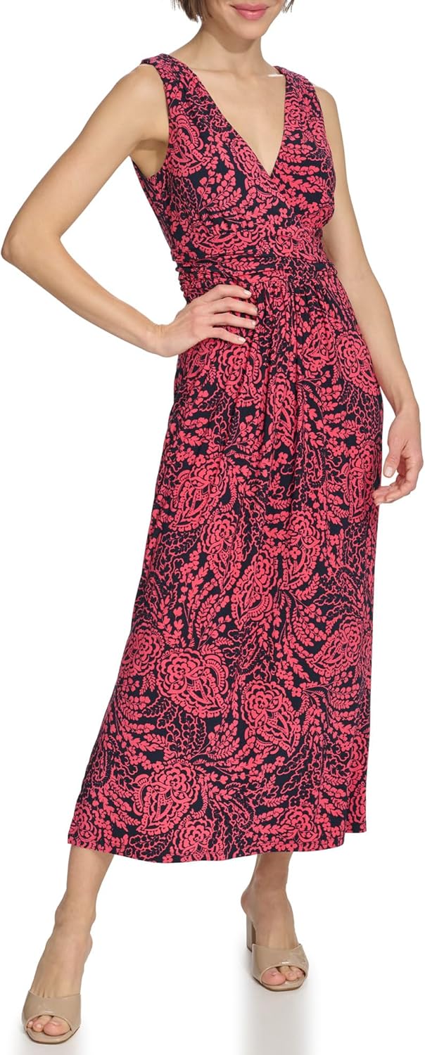 Tommy Hilfiger Womens Sleeveless V-Neck Jersey A-line Midi Dress