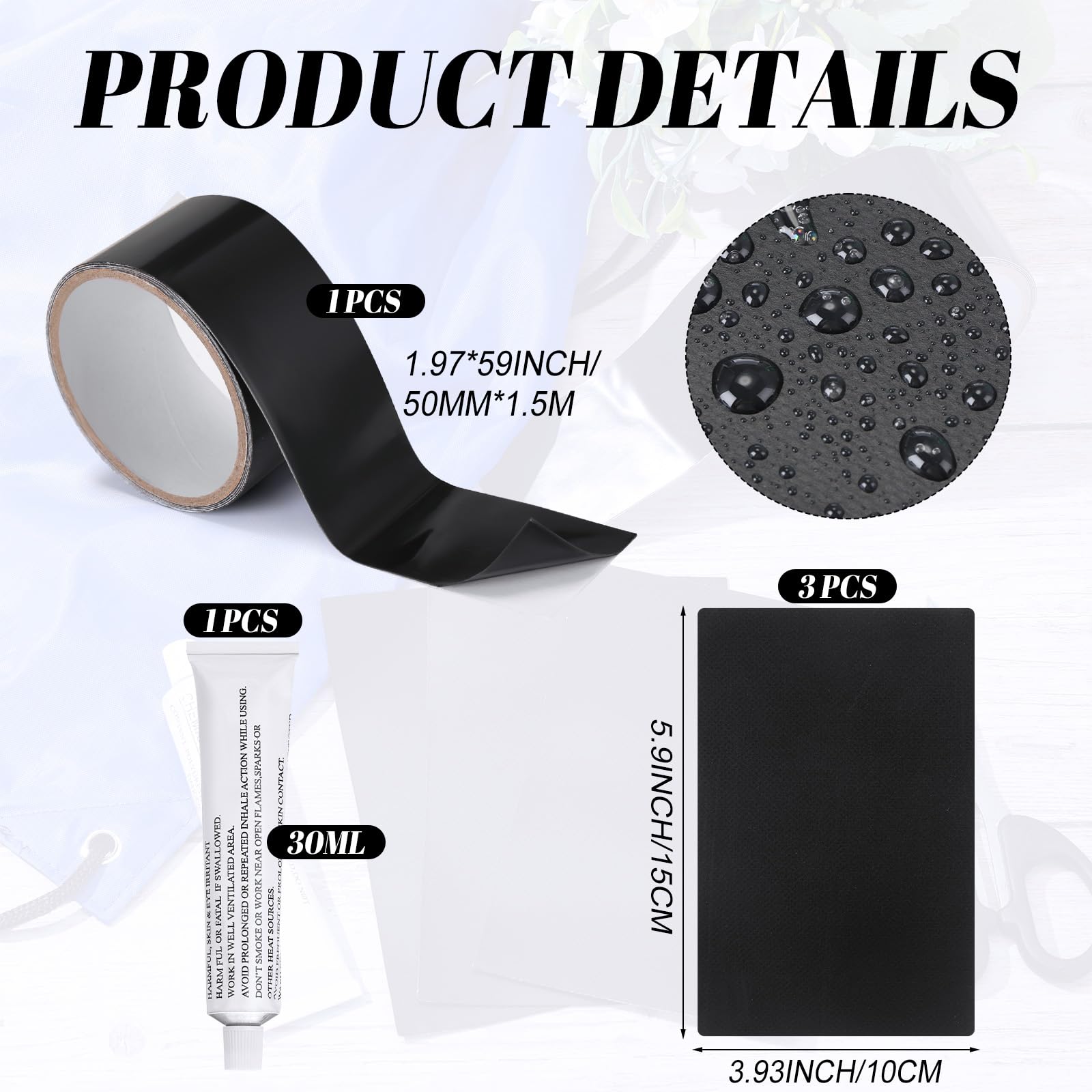 Threlaco 5 Pcs Boat Repair Kit 1 Roll Waterproof Adhesive Kayak Repair Tape and 3 PVC Patches with 1 Glue for Boat Covers Kayak Tents Pool, Patio Umbrellas