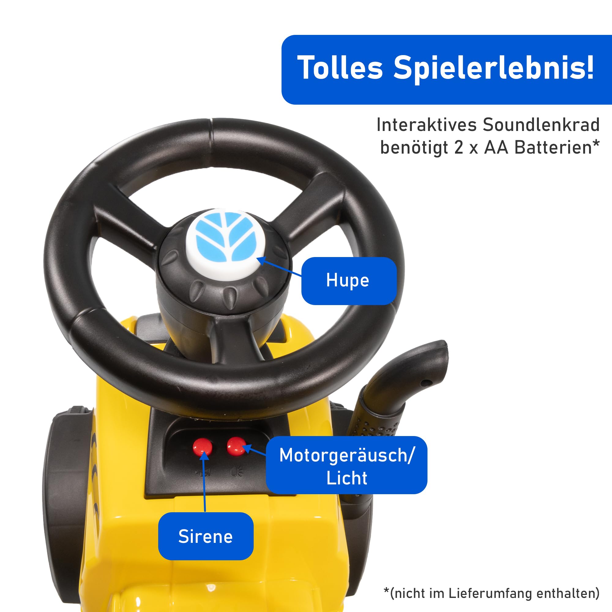 Lemodo Rutschauto Traktor New Holland ab 1 Jahr | Kinderauto mit Anhänger | Rutschfahrzeug mit Schaufel und Rechen | Kinderfahrzeug in gelb | Rutscher mit Sound, Licht | Lizenziertes Kinderspielzeug