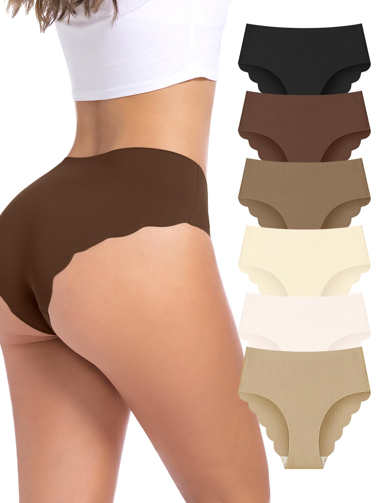 Ropa interior atrevida para mujer, sin costuras, borde ondulado, acanalado, talle alto, paquete de 6