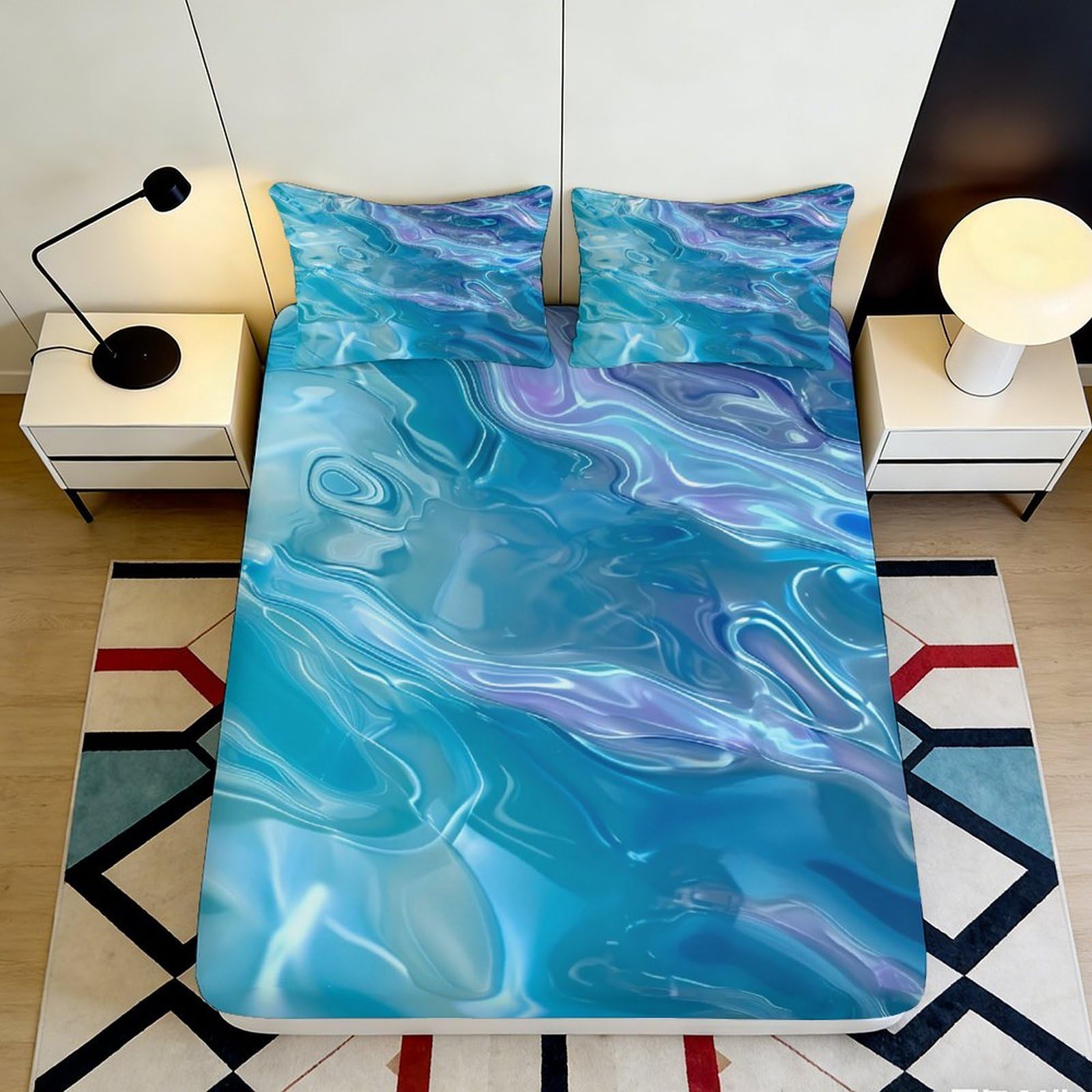 3D Printed Ocean Wave Fitted Sheet Microfiber Soft Blue Marble Bed Cover for Bedroom Guest Room Mattress Decor 90x200x25cm