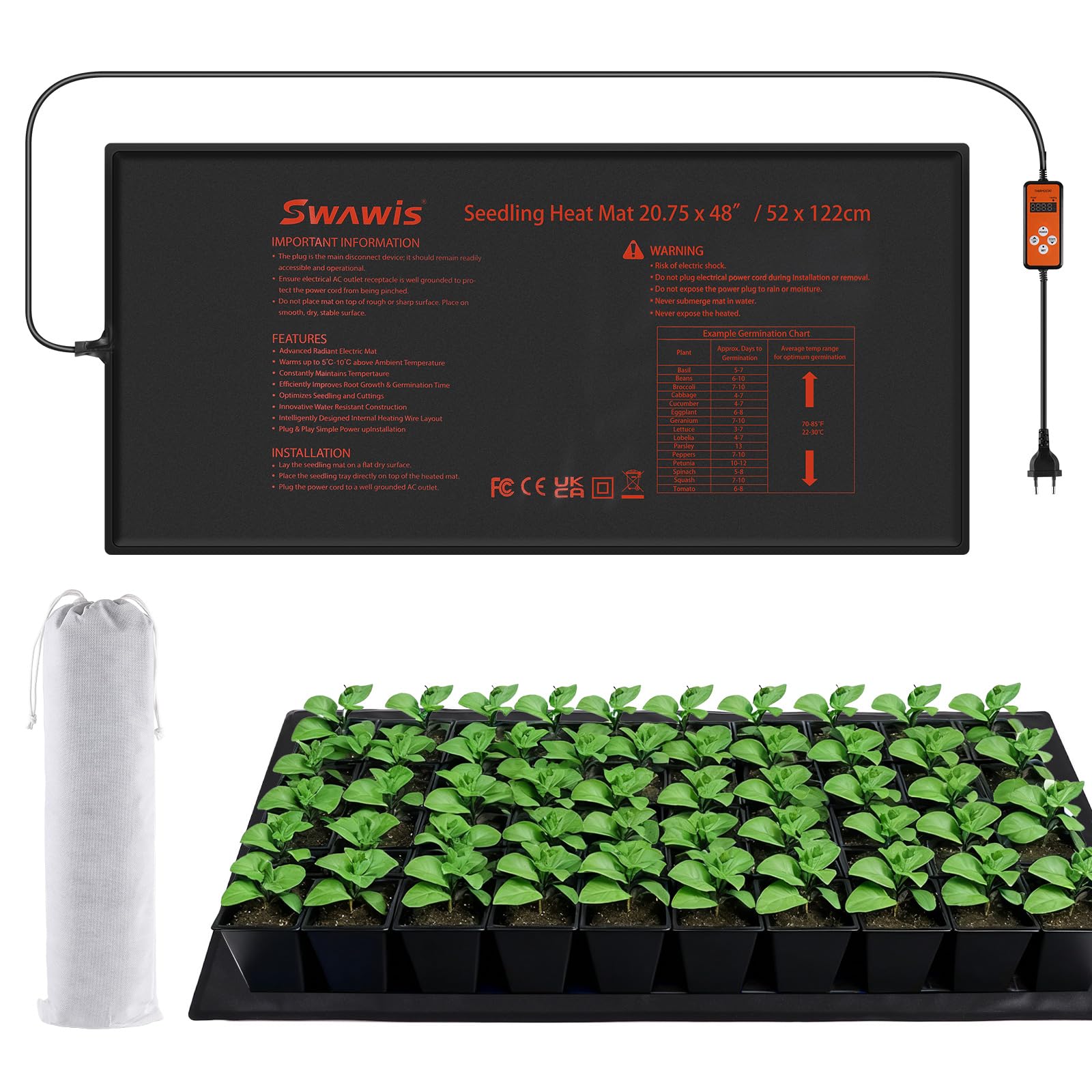 SWAWIS 130W 52.7X121.9cm Estera Calefactora para Plantas con Termostato, Rango de Control de Temperatura: 5-45 ℃, IP67, para Plántulas, Reptiles, Elaboración Casera de Cerveza(Integrado)