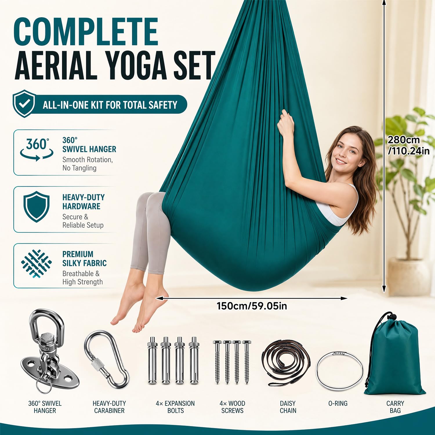 Aerial Yogatuch 280x150cm Yoga-Set für Erwachsene, Yoga Hängematte zum Aufhängen Aerial Yogas Set für drinnen und draußen 200 kg Belastung,inkl. Kompletter Installationshardware für Fitness