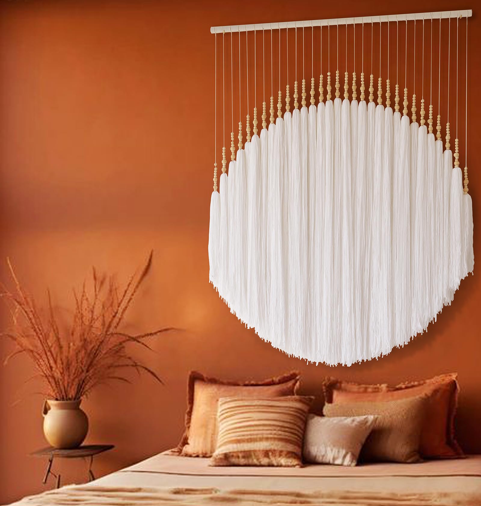 IOWER Boho Wall Decor Yarn Wall Hanging Macrame Wall Hanging Fiber Wall Art White Beads Tassel Wall Decor Boho Chic Home Decor 39" W x 55" L