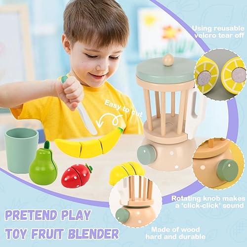 Miniatura 4 de Juego de licuadora de madera, juego de cocina para niños, exprimidor de frutas, juguetes de corte de frutas, mezclador de alimentos, accesorios de