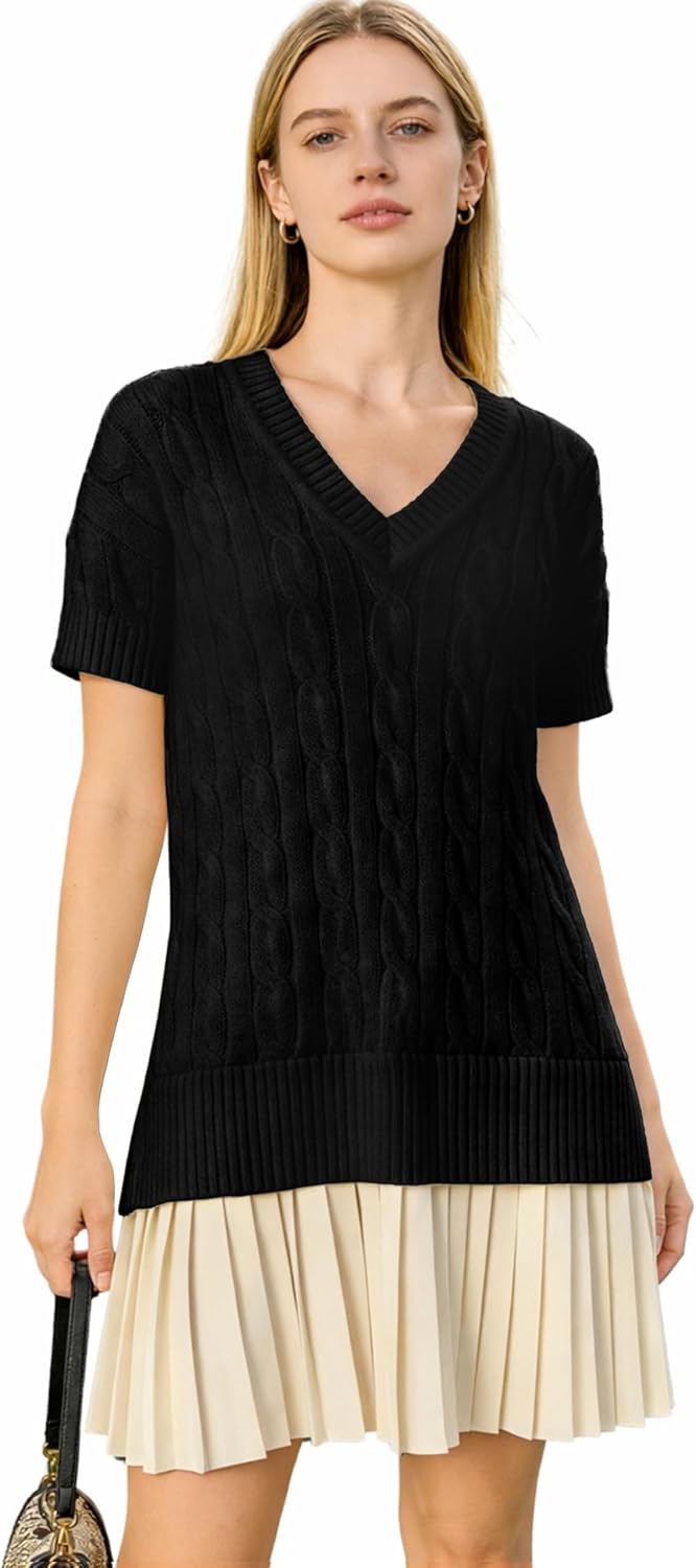 Huaqiao Womens Caple Knit Sweater Dress V Neck Short Sleeves Patchwork Twofer Style Pleated Hem Mini Dress