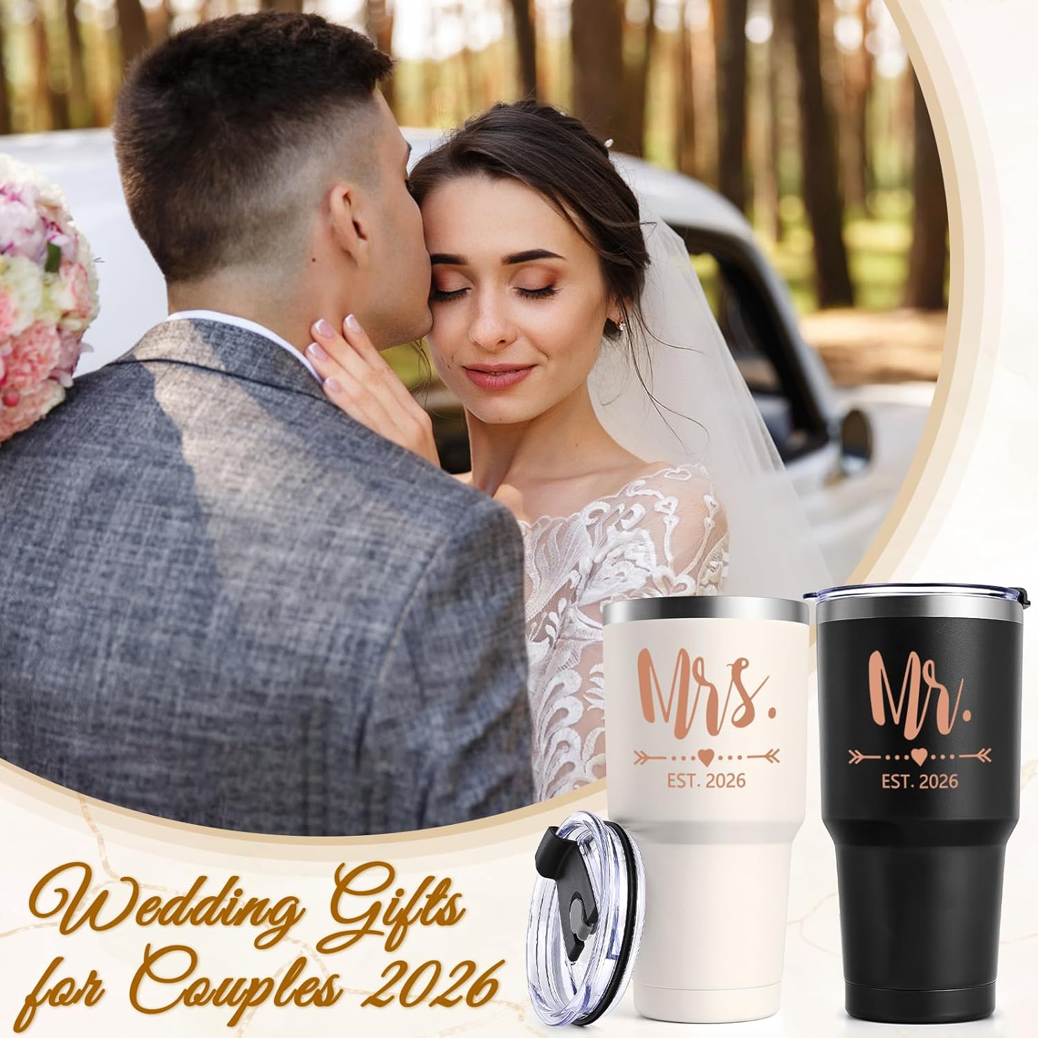 Lifecapido Mr and Mrs Gifts, Wedding Gifts for Couples 2026 Mr & Mrs 30oz Tumbler Set, His and Hers Engagement Gift for Couple Bride Groom(Black & Cream) - Image 2