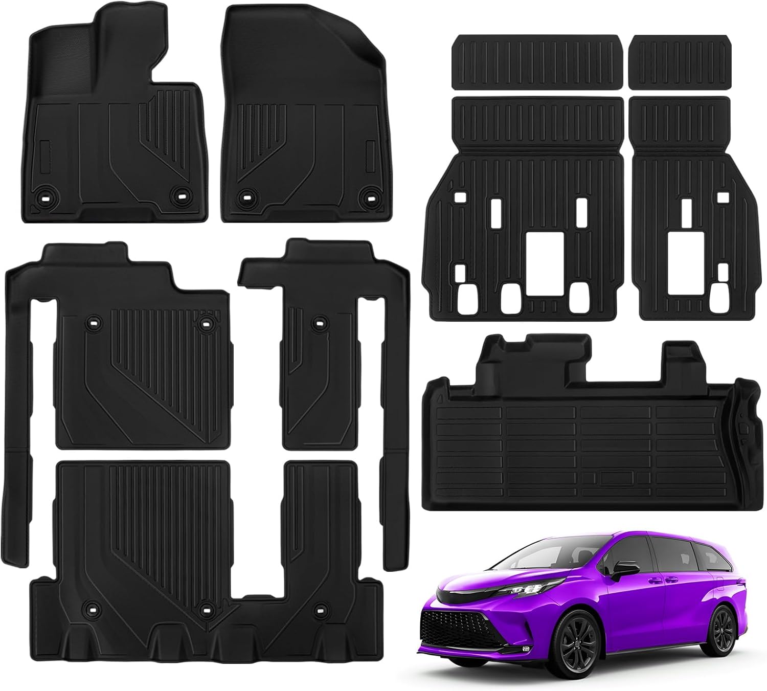 Floor Mats for Toyota Sienna 8 Seat 2025-2021(Not for 2025 Platinum Edition) Full Set All Weather Floor Mats for Toyota Sienna Accessories 2025-2021 TPE Trunk Mat with Backrest Mat Black