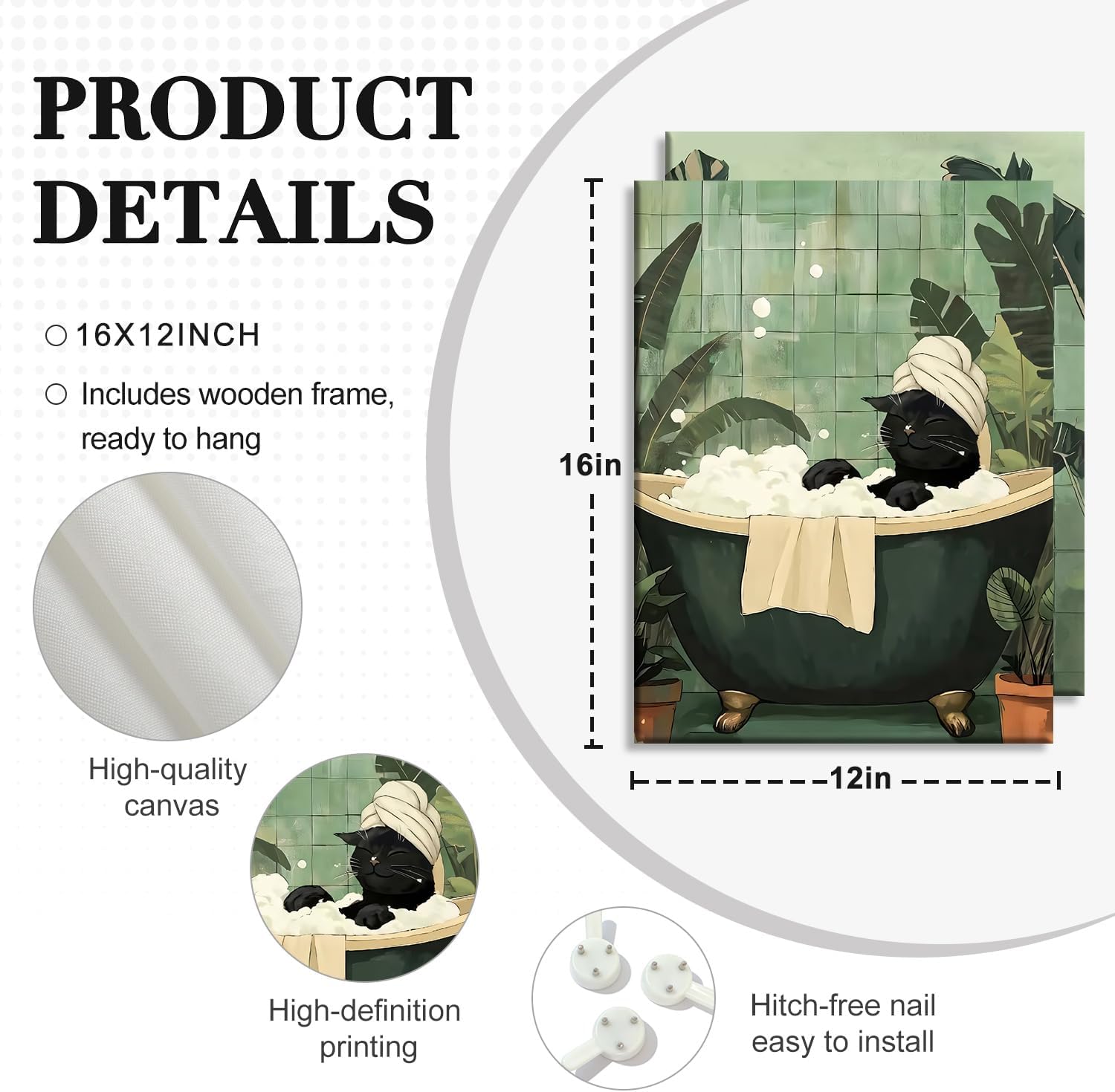 RUMSICH 2-Pcs Fun Black Cat Bathroom Canvas Wall Art Whimsical Animal Bathroom Wall Decor Green Tropical Toilet Bathtub Cat Humorous Artwork Print for Bathroom Toilet and Home Decor 12x16 inch Framed