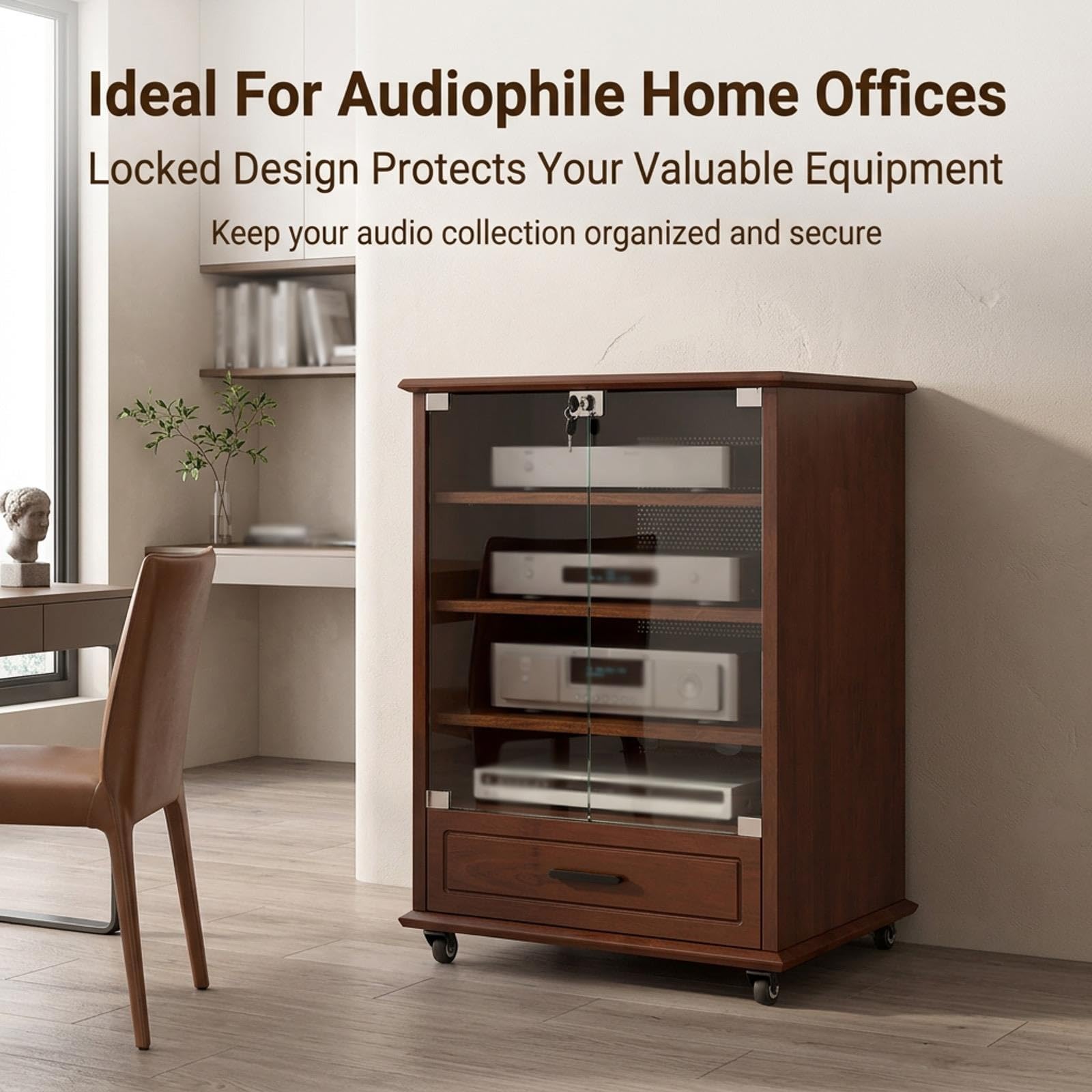 Mueble AV de madera maciza, rack audio estéreo con almacenamiento