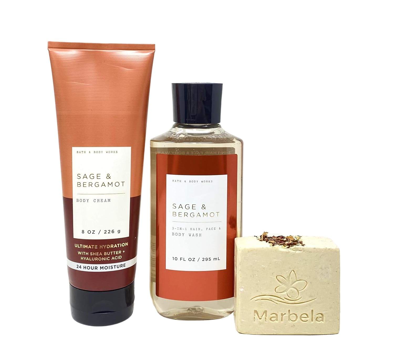 Bath & Body Works Sage & Bergamot 2 Piece Bundle - Body Cream and 3-In-1 Hair, Face & Body Wash with a Creamy Rose Bar Soap