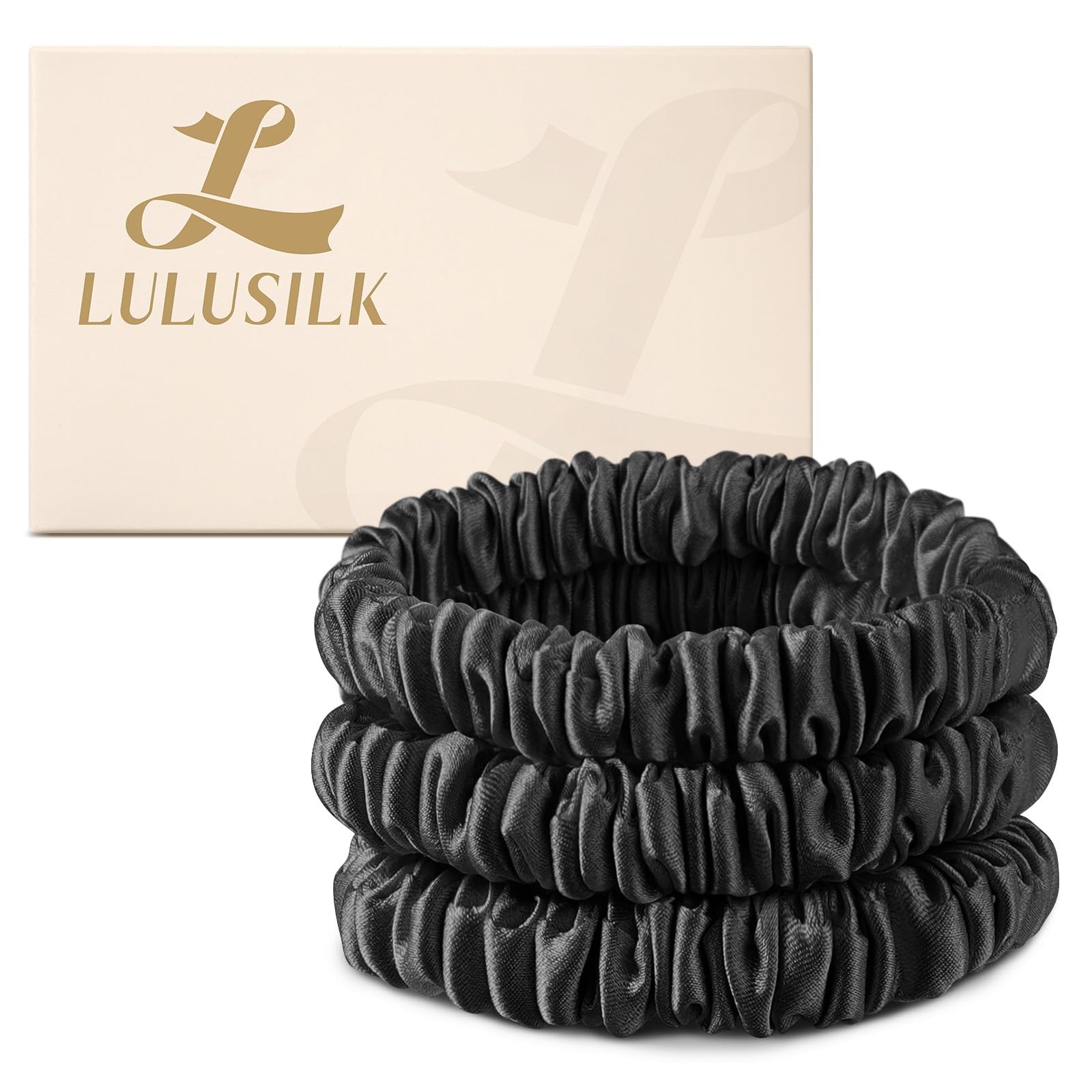 Small Silk Hair Ties No Damage, 100% Real Mulberry Silk, Skinny Scrunchies Ponytail Holders for Thin Fine Hair, Black, Pack of 3