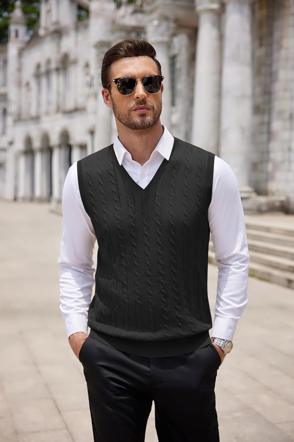 COOFANDY Men's Sweater Vest Cable Knitted V Neck Slim Fit Sleeveless Pullover Sweater - Image 6