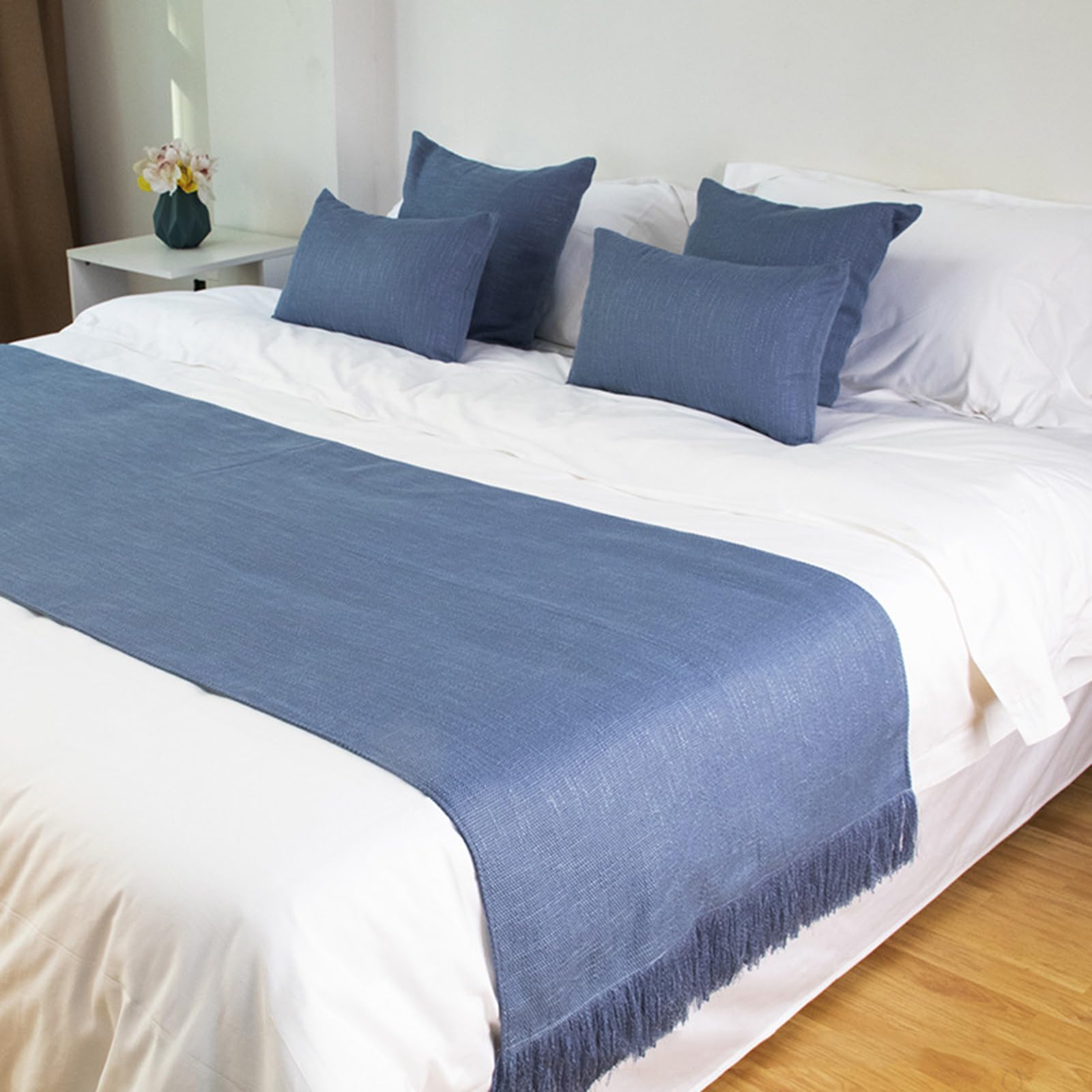Corredor de Cama de Color sólido para Dormitorio y Hotel, Bufandas de Cama de Lujo Modernas Protector de Ropa de Cama de Colcha de Moda con Borla-Dark Blue||240X50cm for 1.8m Bed
