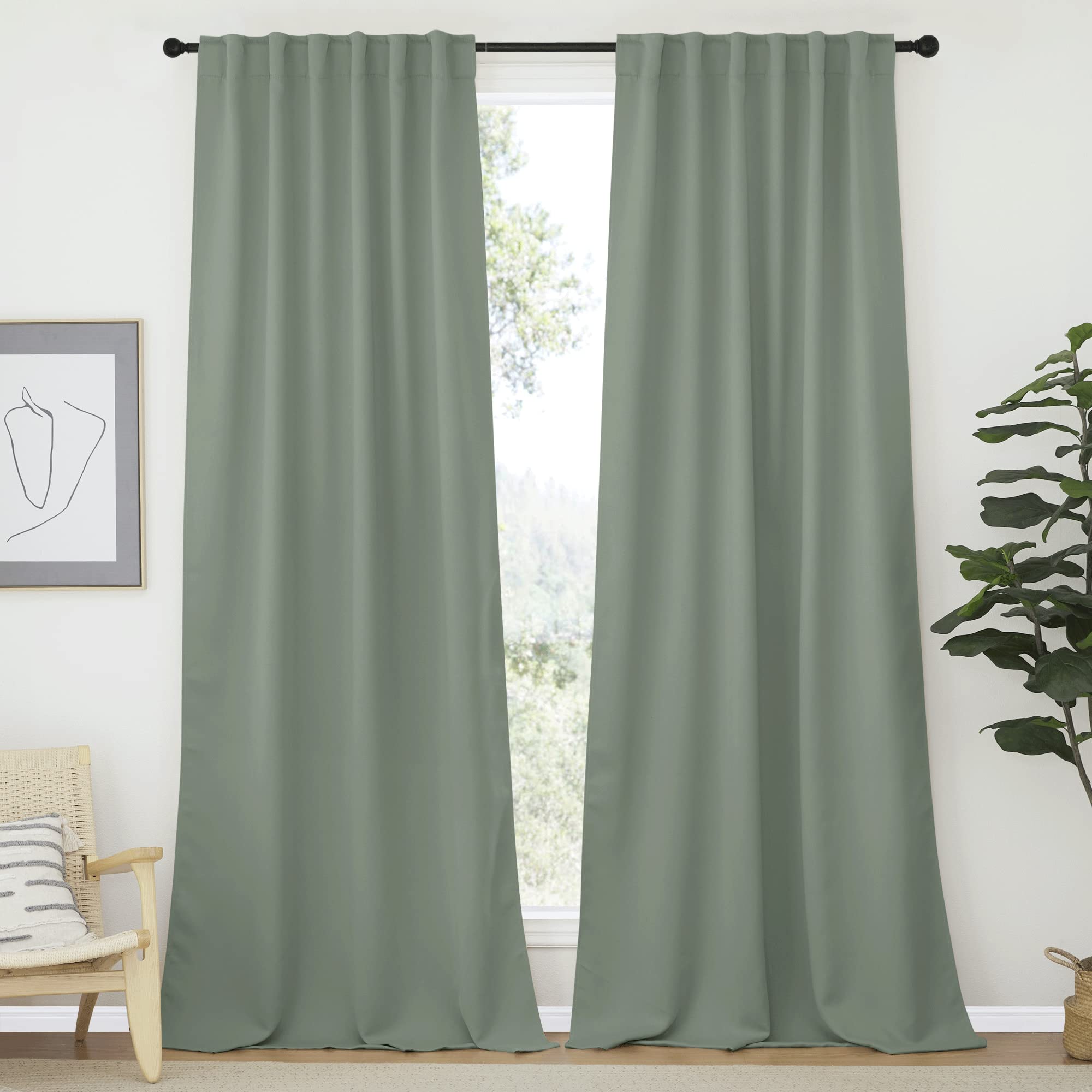 nicetown window treatment curtains room darkening draperies - (greyish green color) 52 width x 95 drop, room darkening blackout curtains and drapes for bedroom