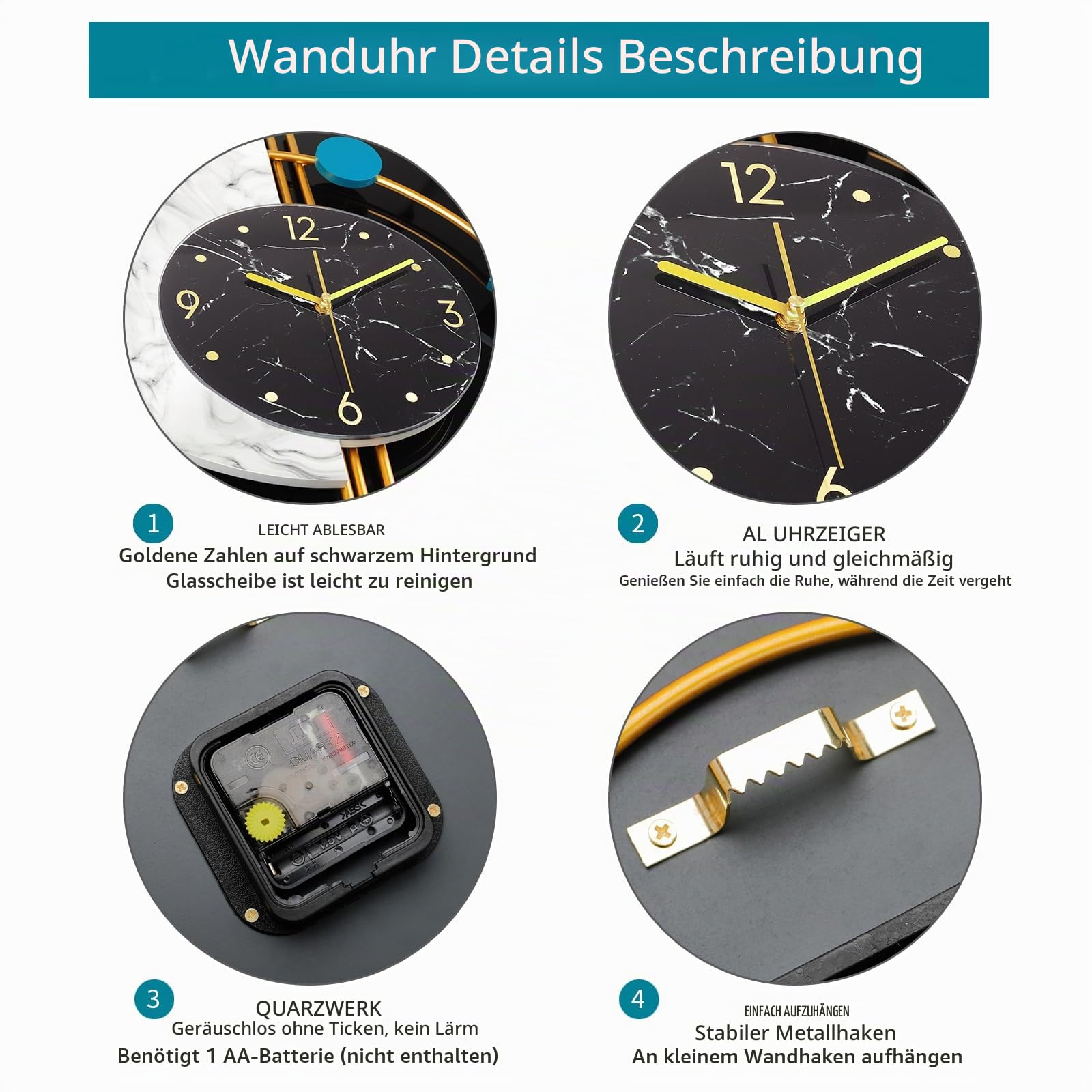 Große Moderne Wanduhr Wohnzimmer Lautlos Quarz Ohne TickgeräUsche | 48cm Schwarz Gold Wanduhr Batteriebetrieben für Schlafzimmer Küche Büro Dekorative Metall Uhr Wand Stille Ohne ticken