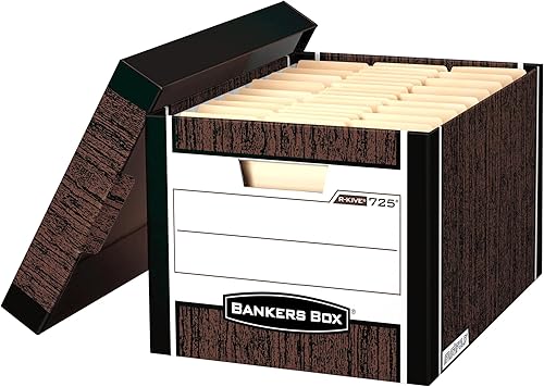 Bankers Box R-KIVE Cajas de almacenamiento resistentes, plegado rápido, tapa abatible, cartalegal, caja de 12 y cajas de almacenamiento