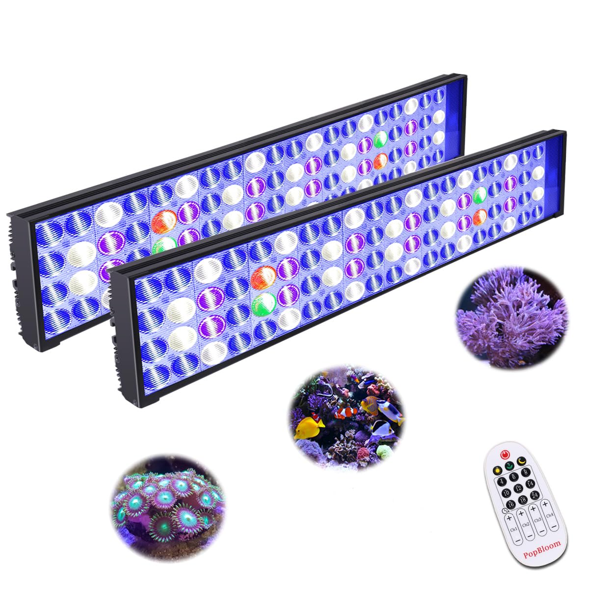 PopBloom 2PCS Shannon54 Marine Led Aquarium Light Full Spectrum Fish Tank Light for 120cm 48" Reef Coral Tank (Remote Control, with Hang Kit)