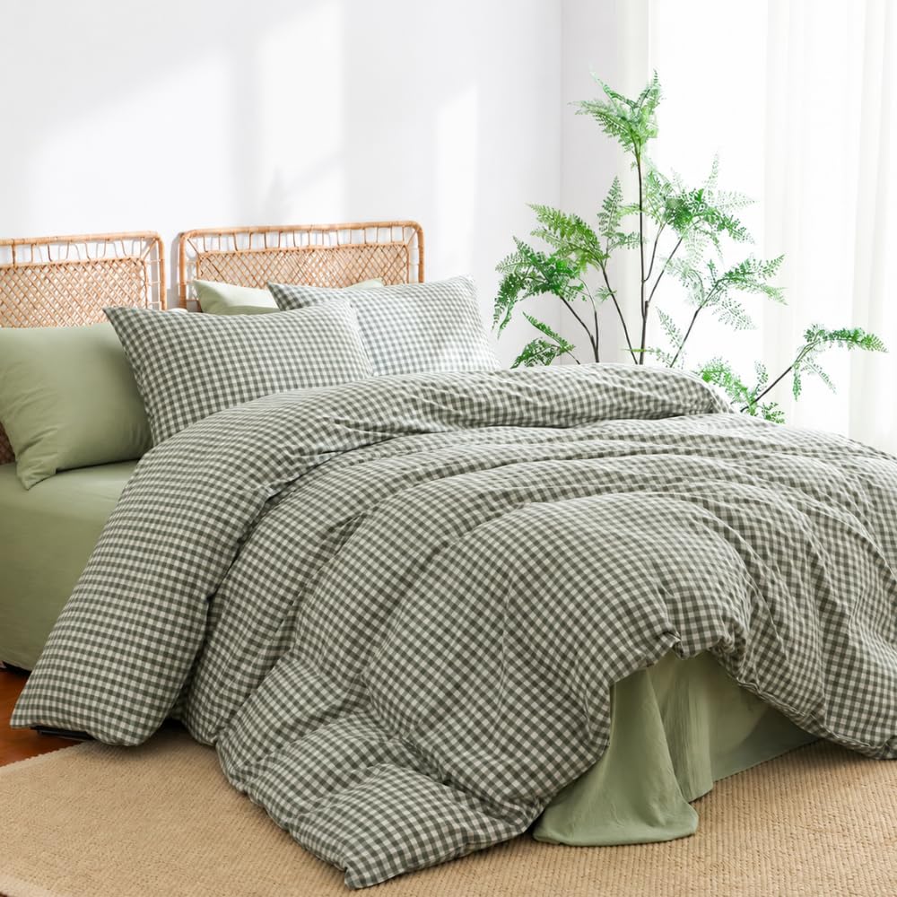 Michorinee Green Gingham Cotton Double Duvet Cover Set Grid Bedding Set — image 1