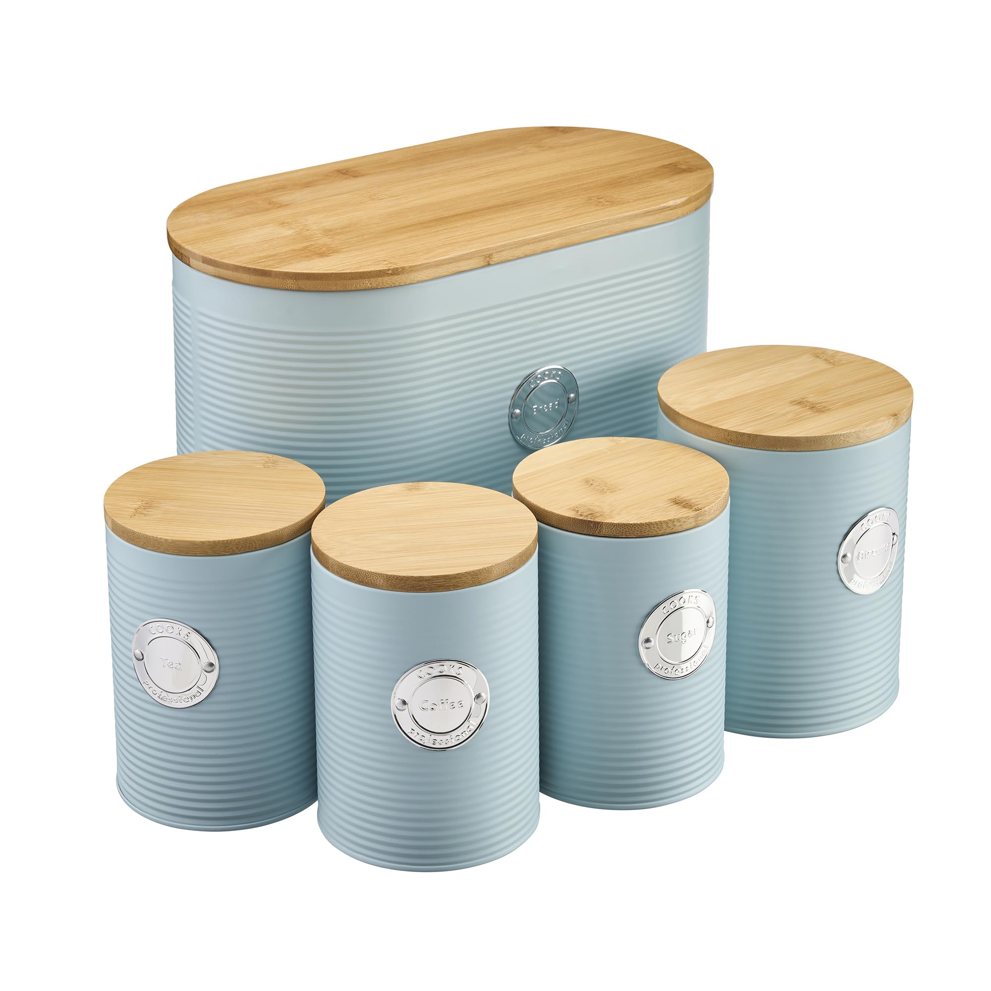 Cooks Professional Tea Coffee Sugar Canister Set - Bamboo Lid - Blue & Silver - 5 Piece