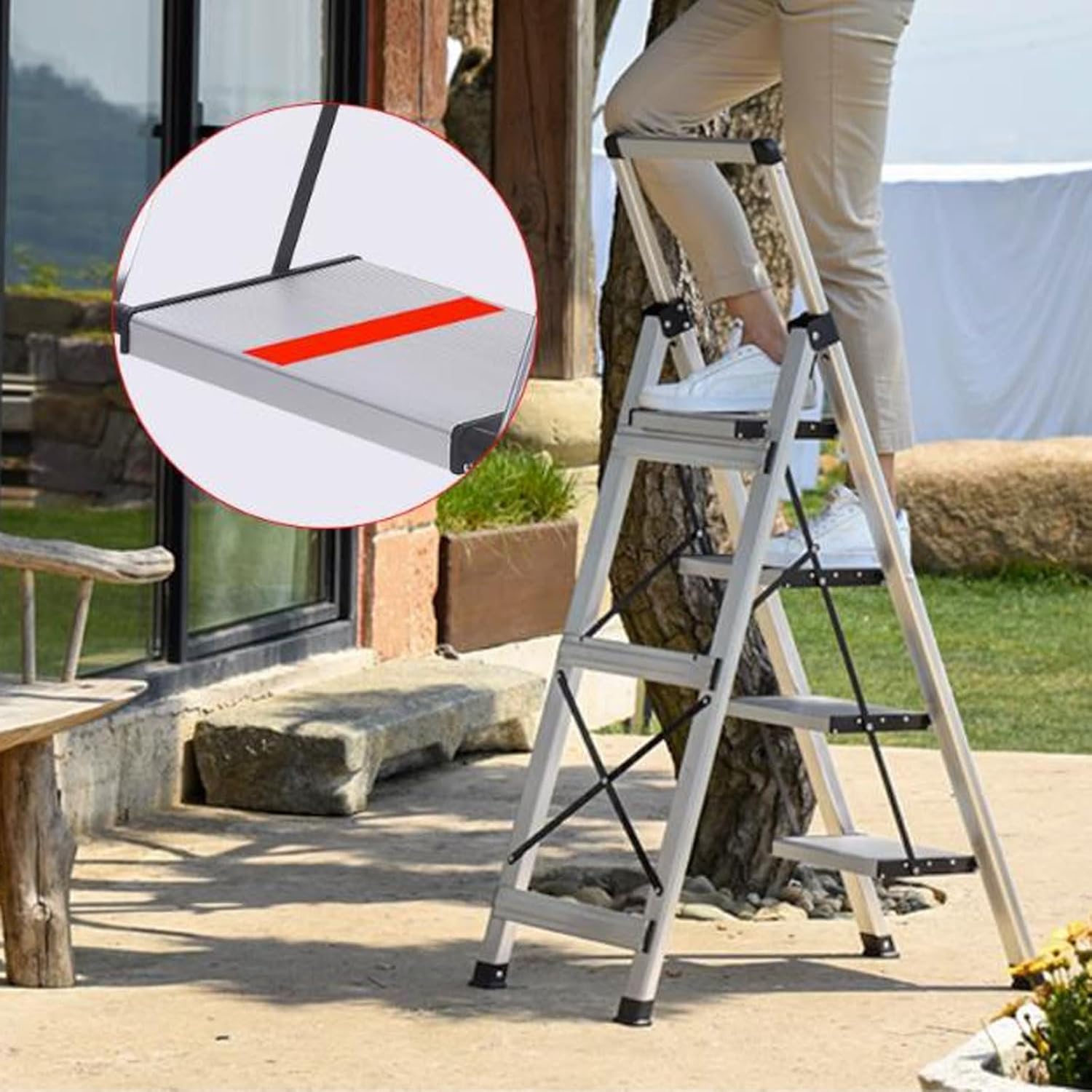 Multi-Function Ladder Folding Step Ladder with Retractable Handrail, 3/4/5 Step Ladder Folding Step Stools for Adults with Anti-Slip Pedal, Portable Sturdy Steel Ladder , Perfect for Kitchen & Househo