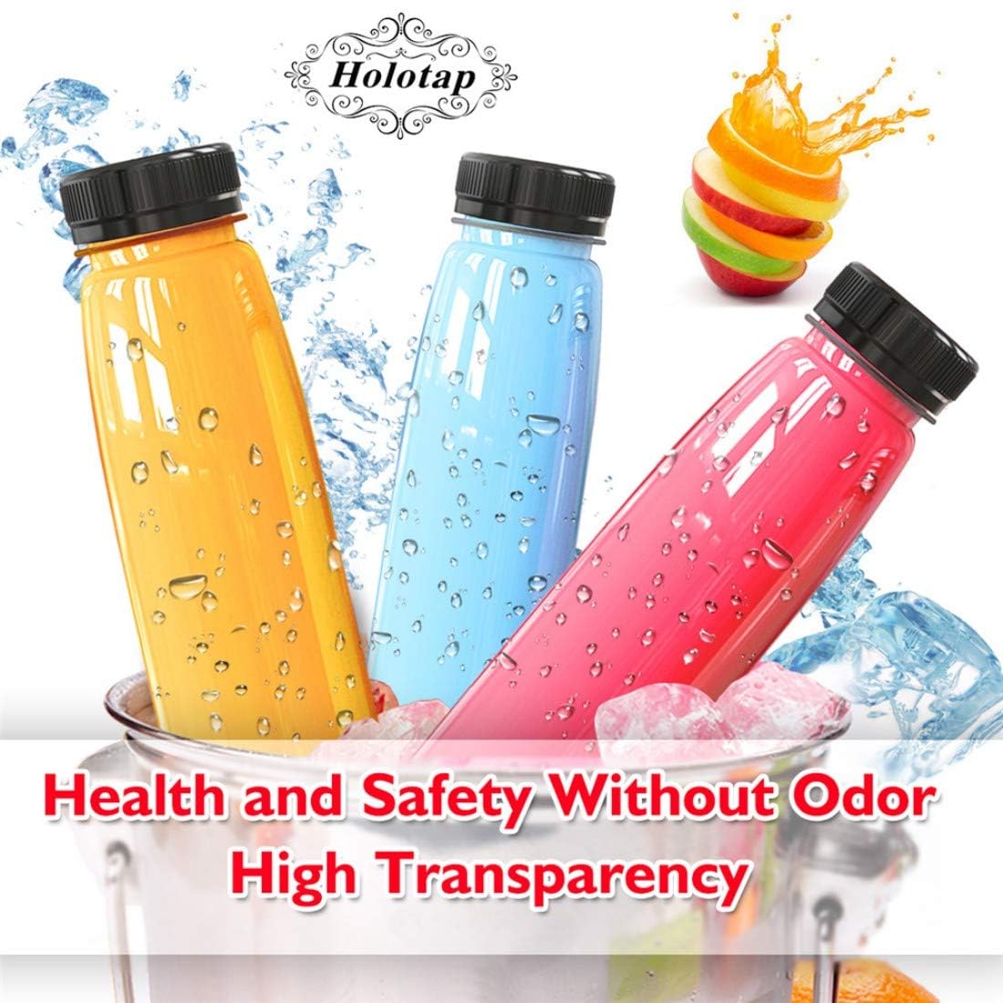 Holotap 48 Pack Empty PET Plastic Juice Bottles 8 OZ Clear Disposable Bulk Plastic Bottles for Liquids with Black Tamper Evident Caps (8 OZ, Black) - Image 5