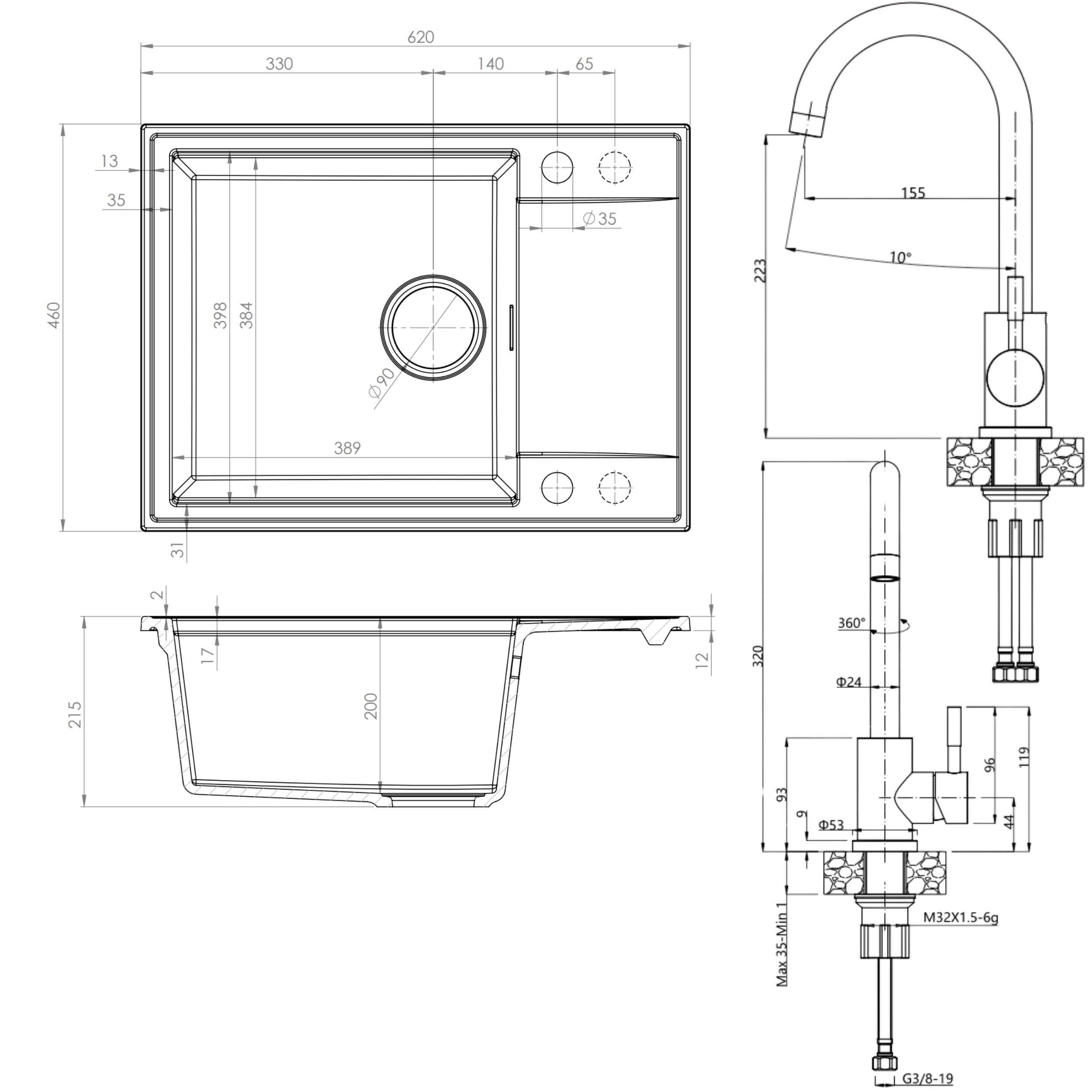 SINK Quality zlewozmywak beżowy z armaturą zestaw 62 x 46 – zlewozmywak z kranem, syfon, push, ociekacz, środek impregnujący – kompletny zestaw do szafki pod umywalkę 55