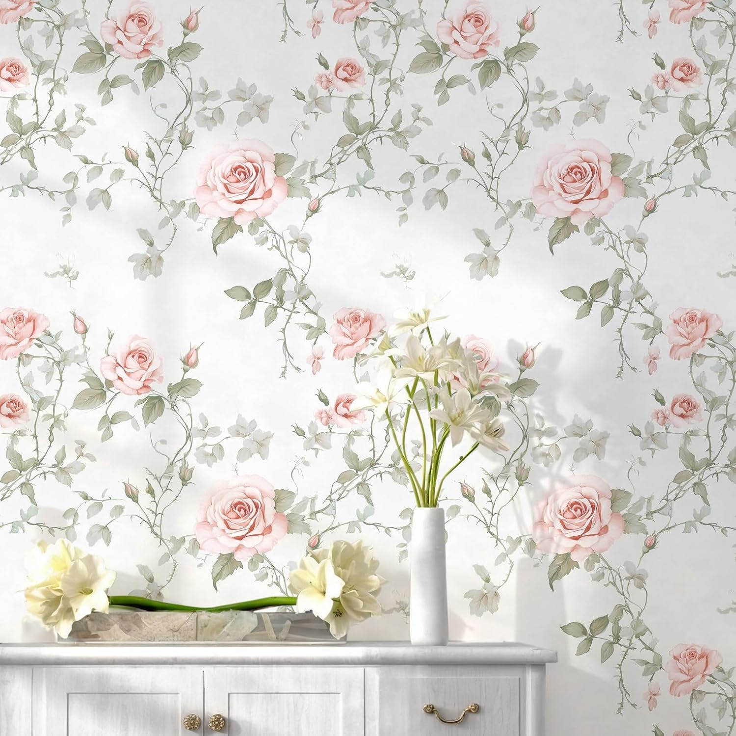 Floral Peel and Stick Wallpaper Pink Flower Wall Paper Vintage Botanical Green Leaf Contact Paper for Cabinet Bedroom Waterproof Self Adhesive Removable Vinyl Roll Deco 17.3" x 197"