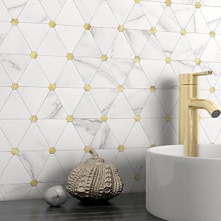 Marble Backsplash Peel and Stick Kitchen Tiles White Gold 10pcs